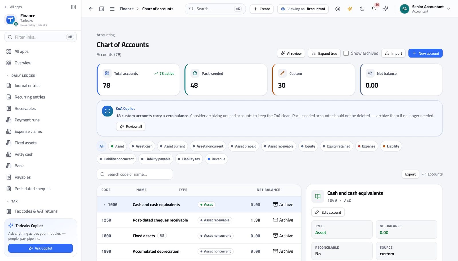 Accountant — Open the chart of accounts in Tarleaks ERP