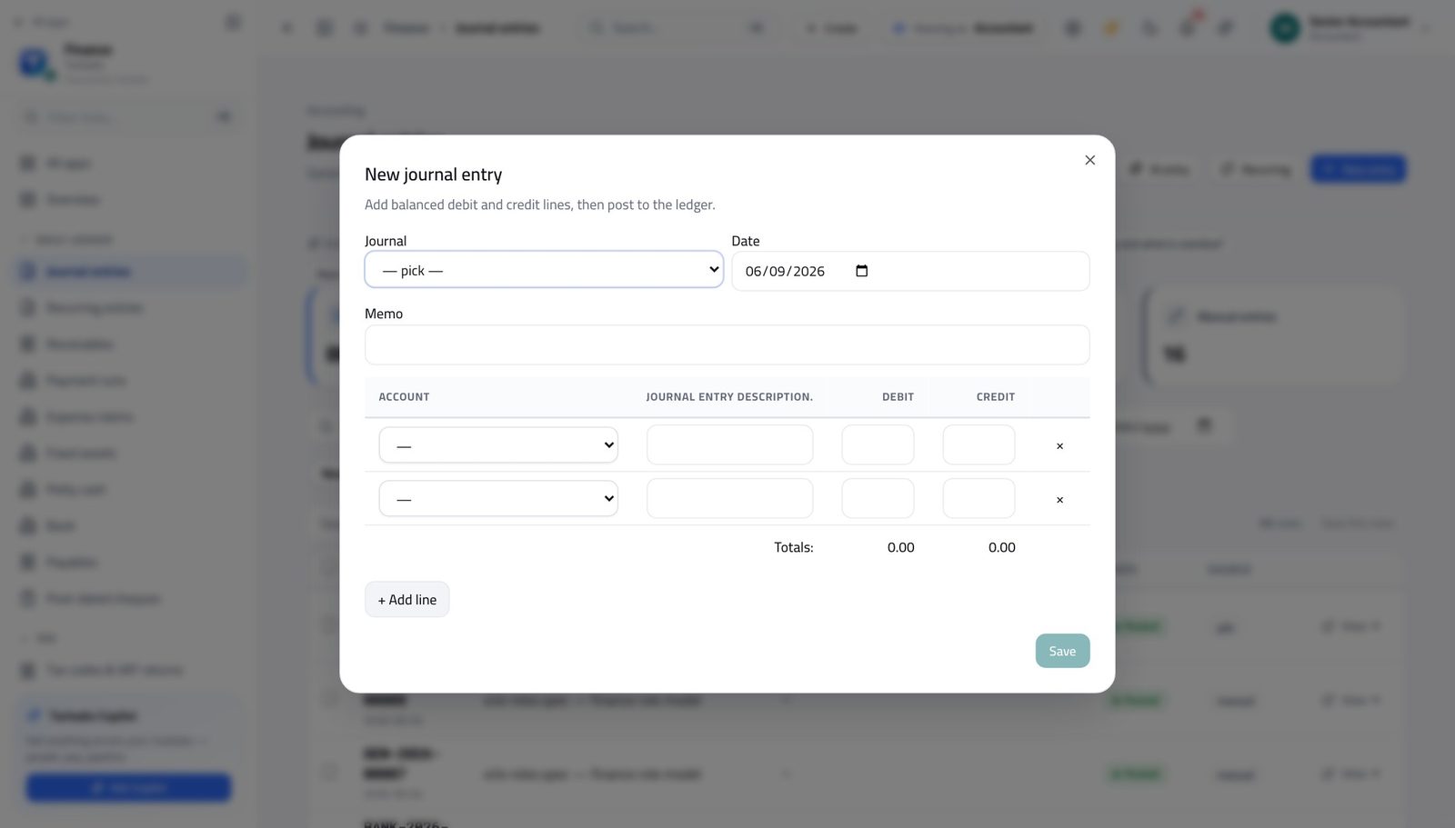Accountant — Start a new journal entry in Tarleaks ERP