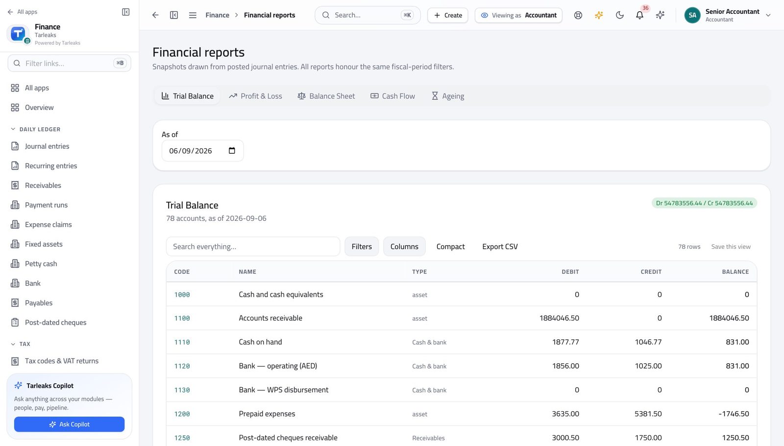 Accountant — Check the books balance in Tarleaks ERP