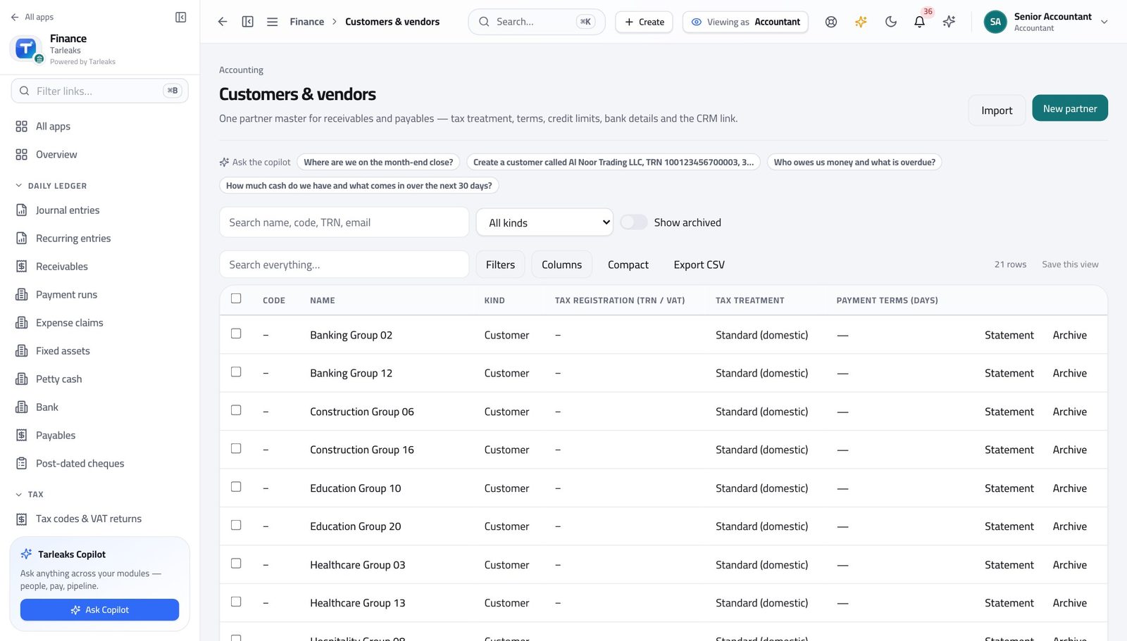 Accountant — Open the customer and supplier list in Tarleaks ERP