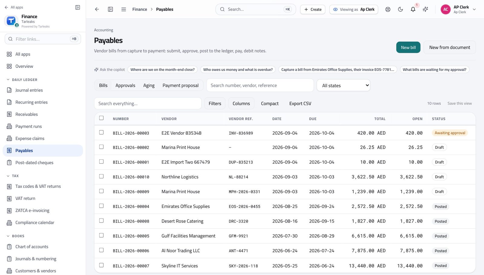 Accounts Payable Clerk — Open the supplier bills list in Tarleaks ERP