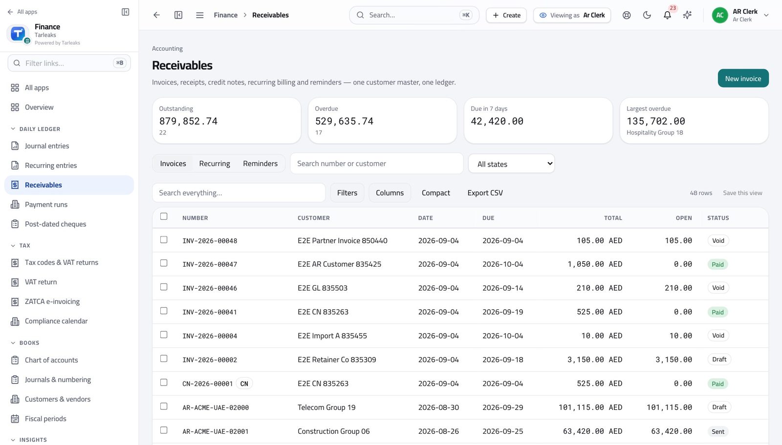 Accounts Receivable Clerk — Open the customer invoices in Tarleaks ERP