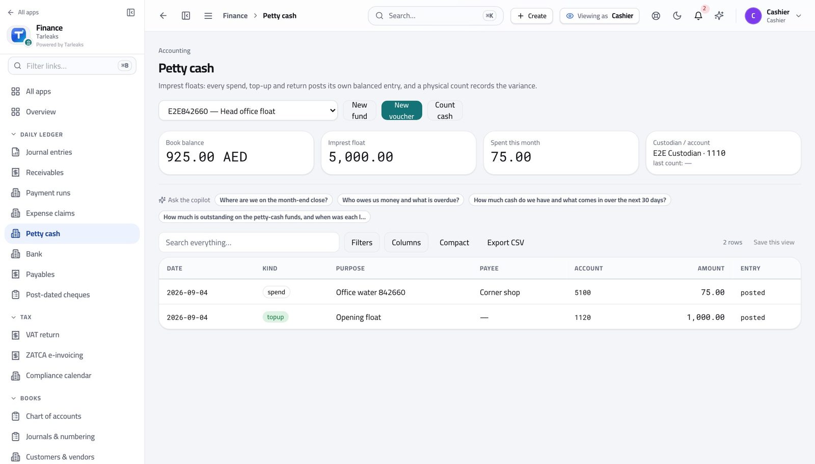 Cashier — Open your cash floats in Tarleaks ERP