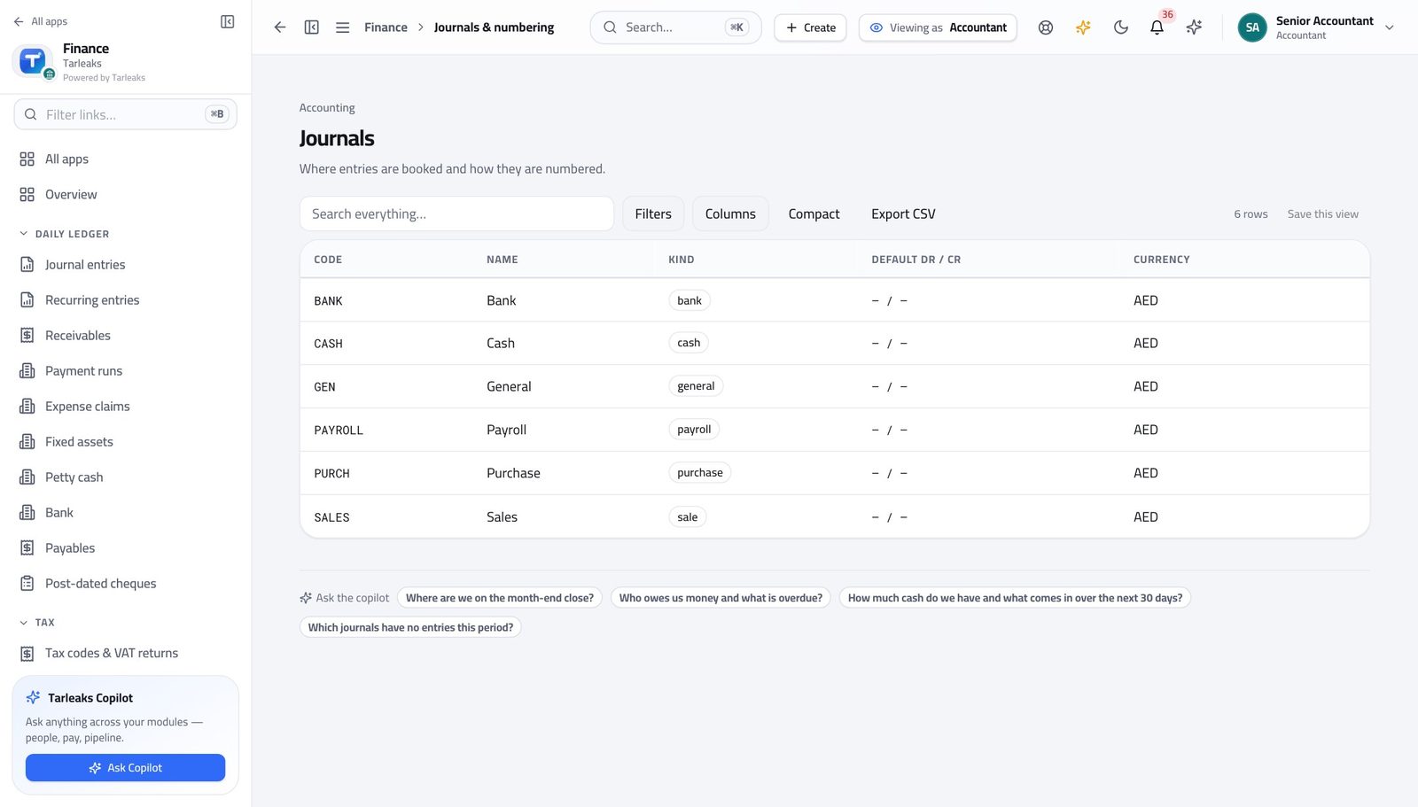 Accountant view of see the books your entries land in in Tarleaks ERP
