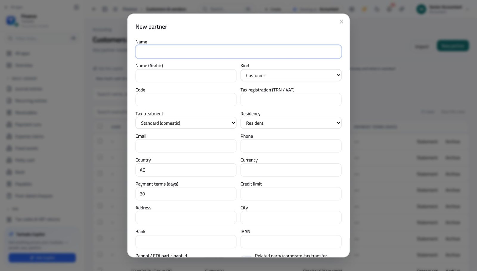 Accountant view of add a customer or supplier in Tarleaks ERP