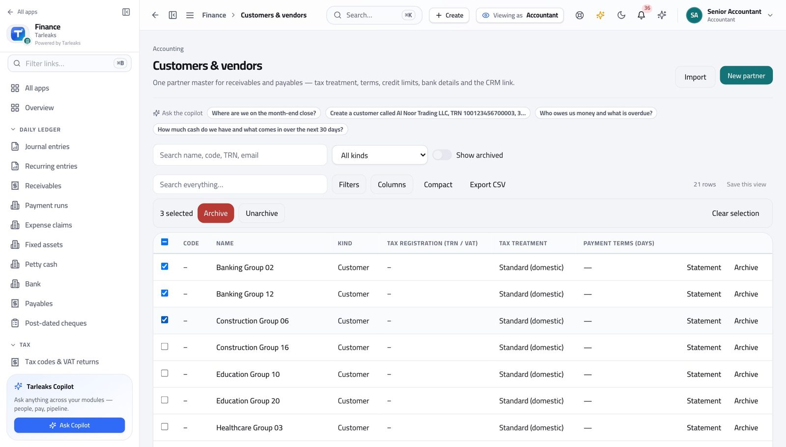 Accountant view of tidy several records at once in Tarleaks ERP