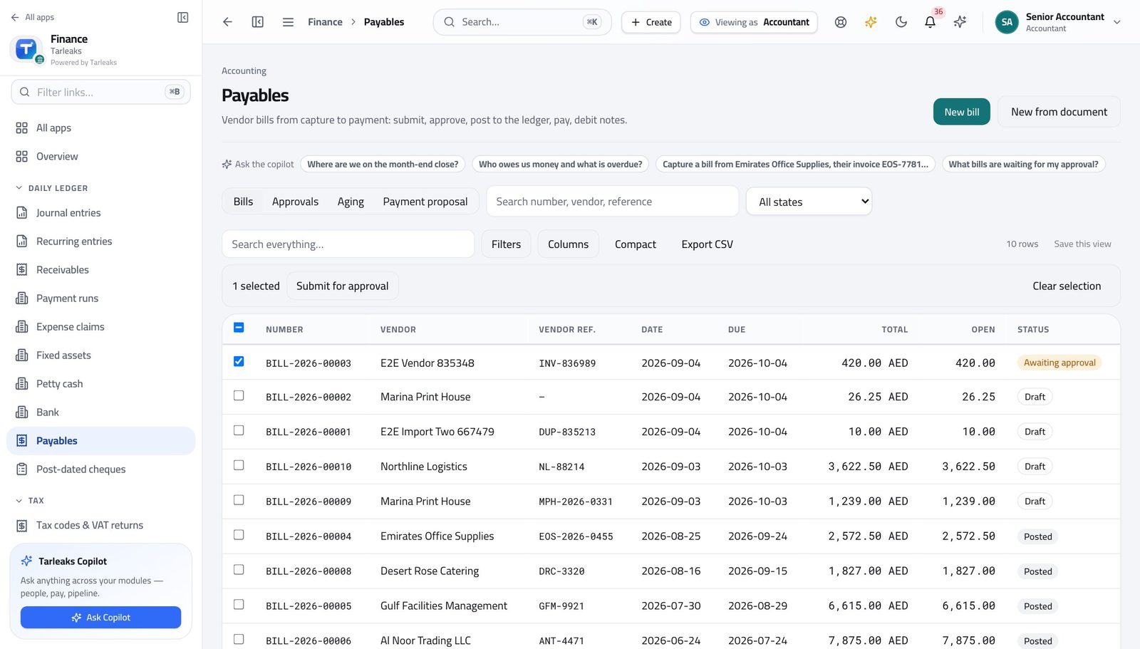 Accountant view of see where your authority stops in Tarleaks ERP