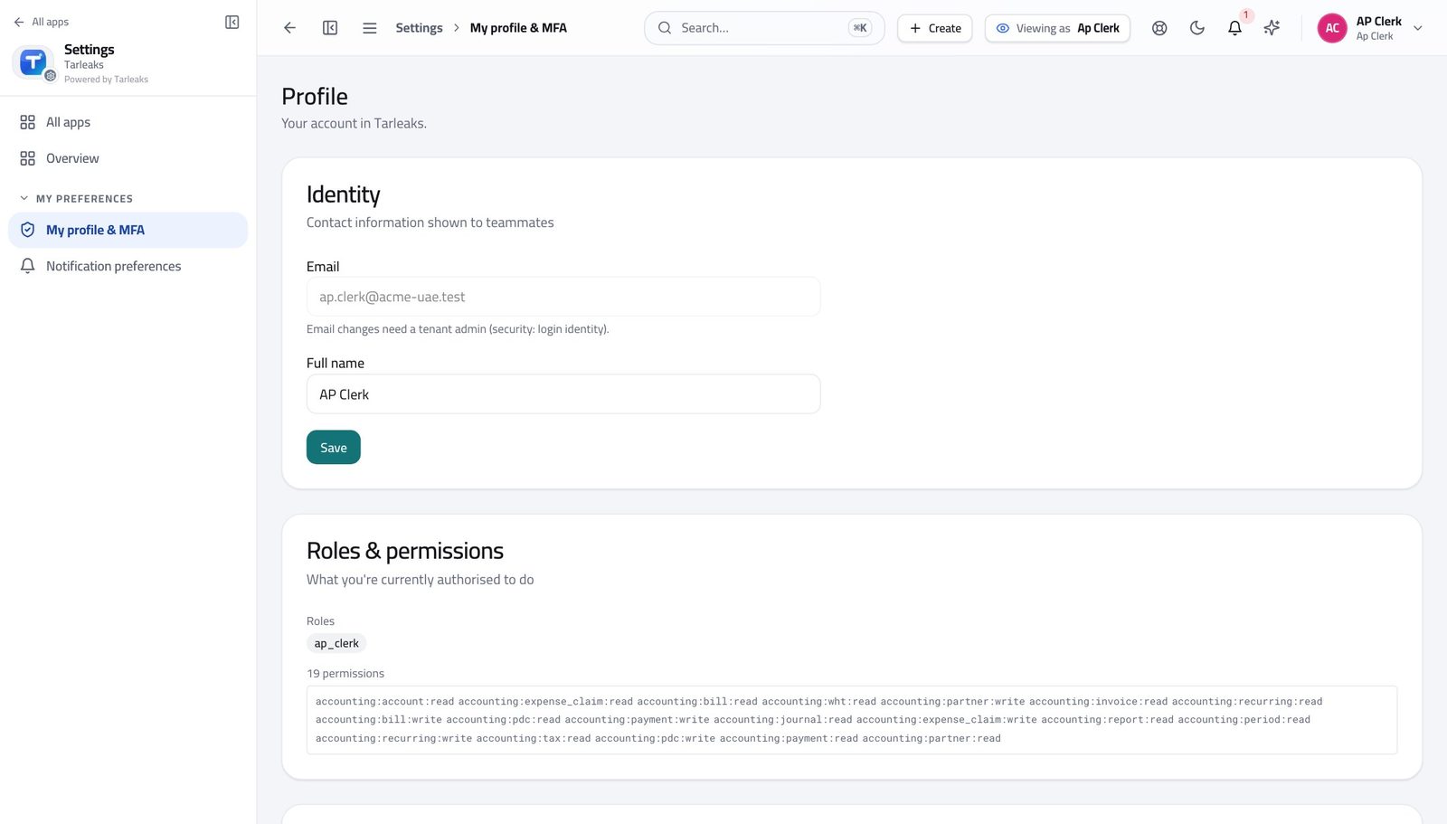 Accounts Payable Clerk view of check what your sign-in can do in Tarleaks ERP