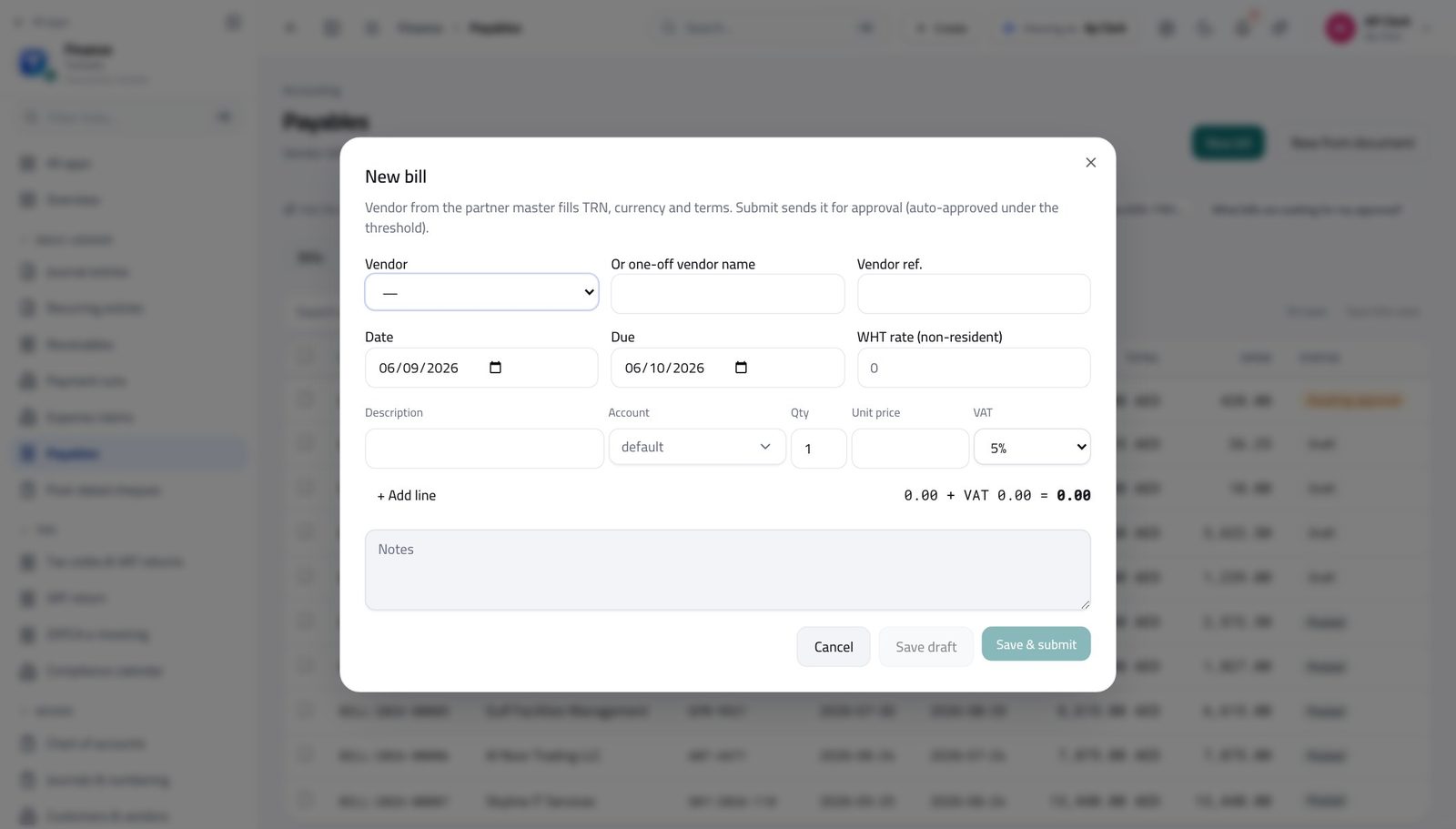 Accounts Payable Clerk view of enter a supplier bill in Tarleaks ERP