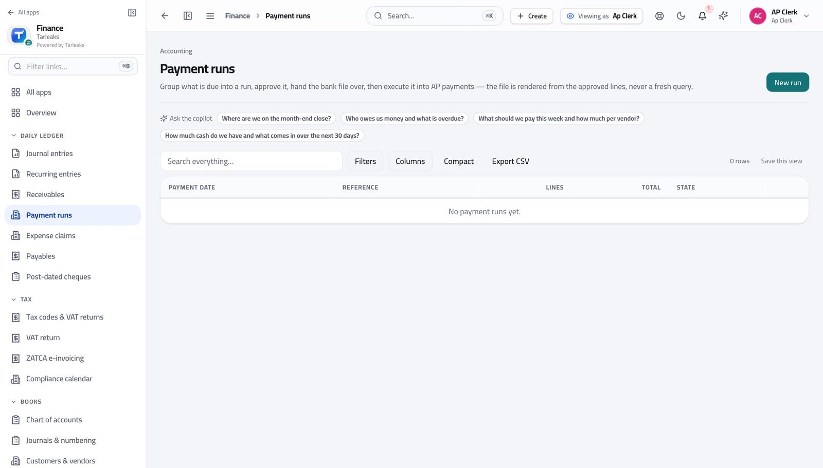 Accounts Payable Clerk view of look at the payment runs in Tarleaks ERP