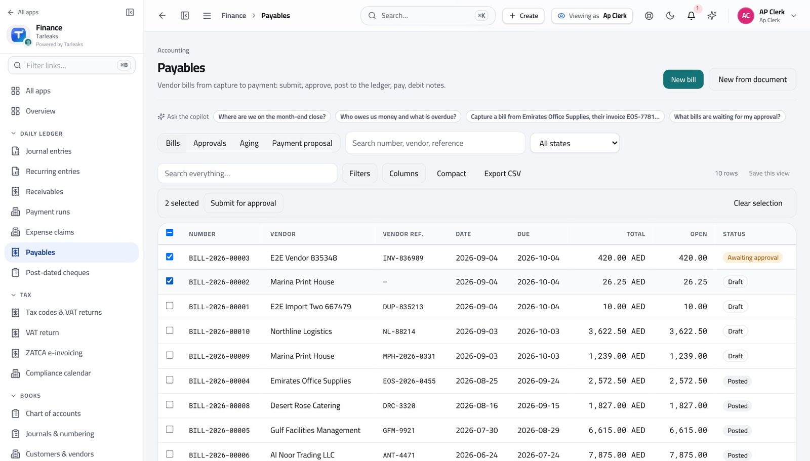 Accounts Payable Clerk view of send a batch of bills for approval in Tarleaks ERP