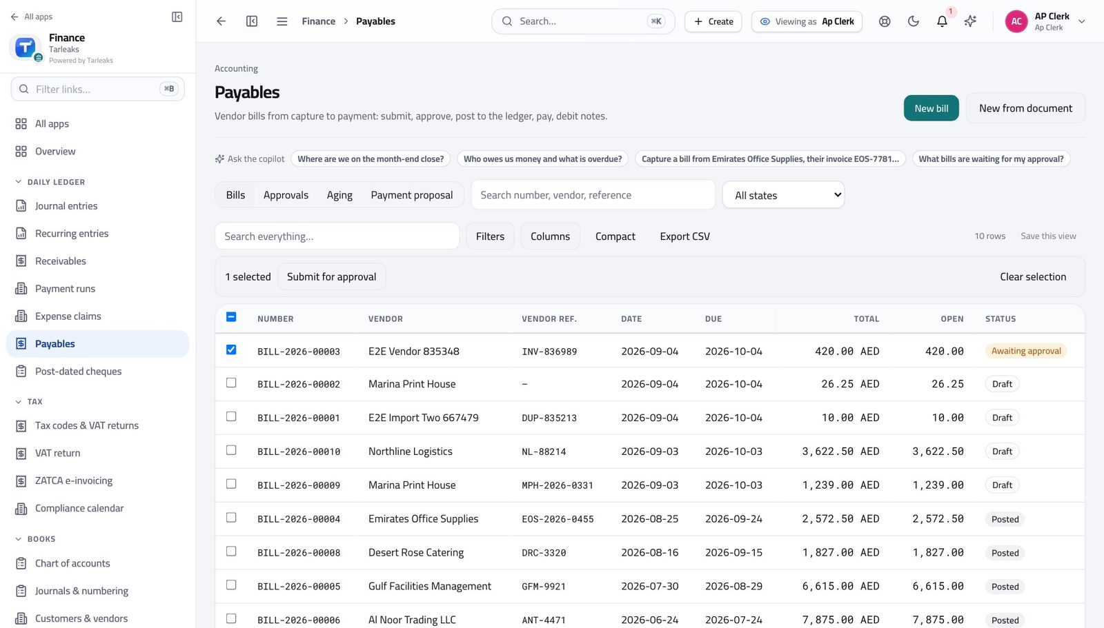 Accounts Payable Clerk view of see where your authority stops in Tarleaks ERP