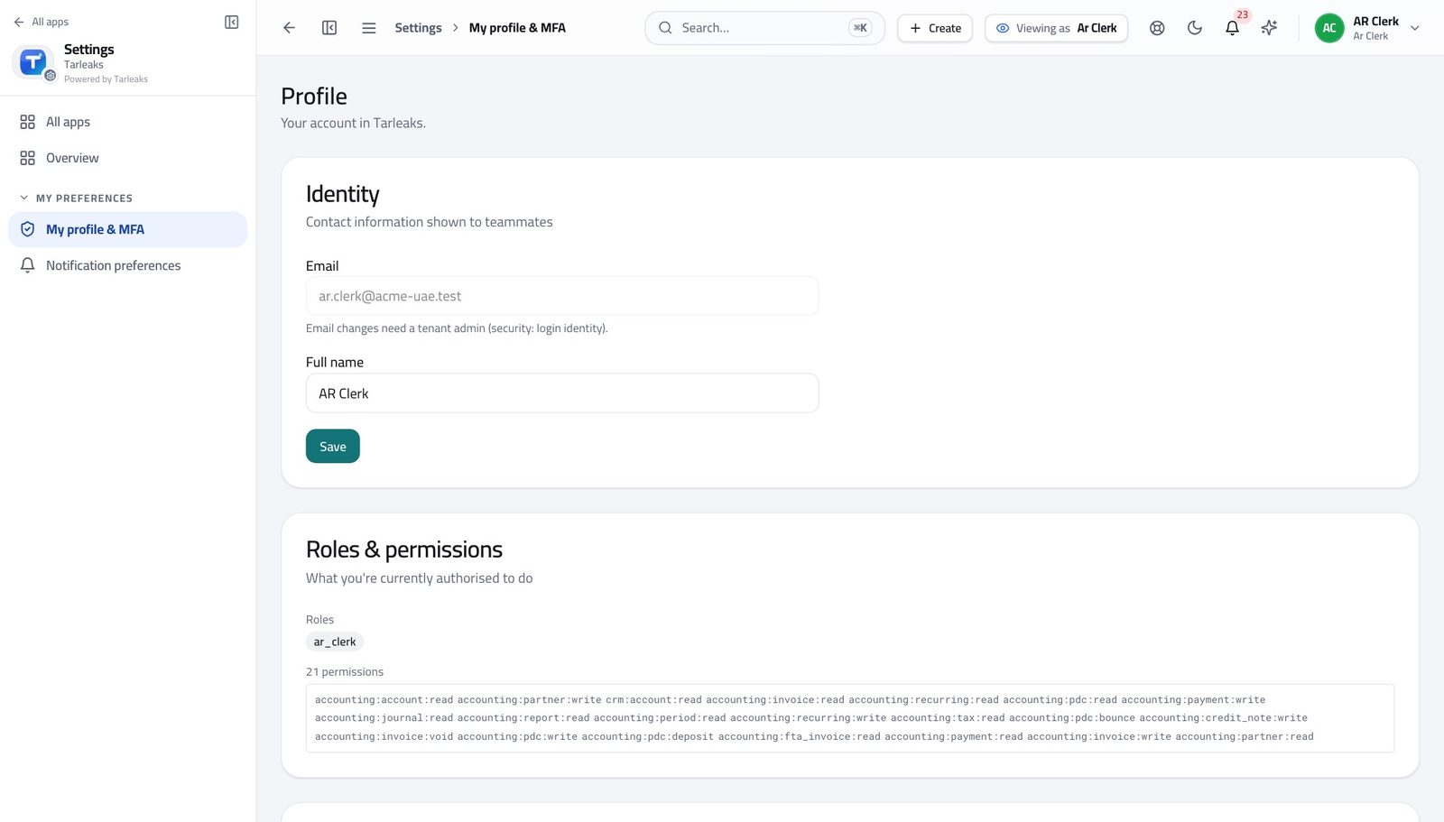Accounts Receivable Clerk view of check what your sign-in can do in Tarleaks ERP
