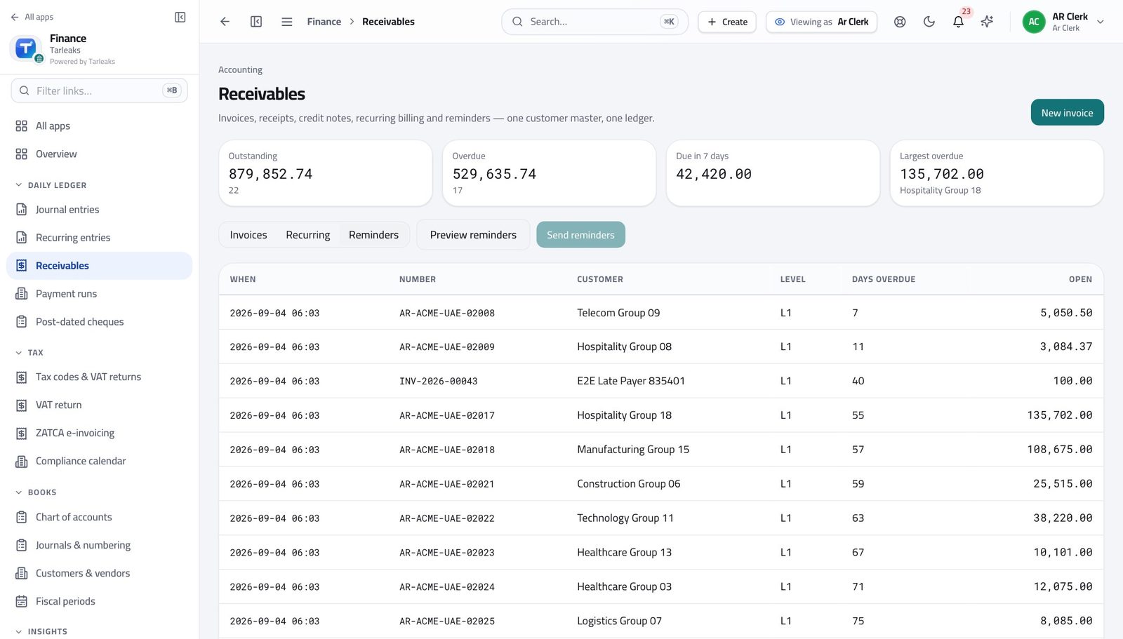 Accounts Receivable Clerk view of see what was already chased in Tarleaks ERP