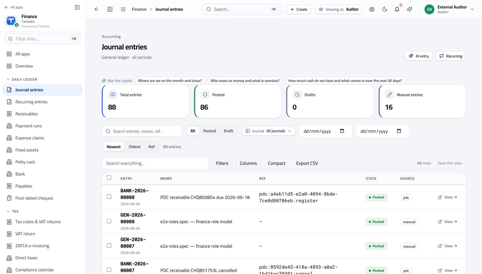 Auditor view of follow a number back to its evidence in Tarleaks ERP