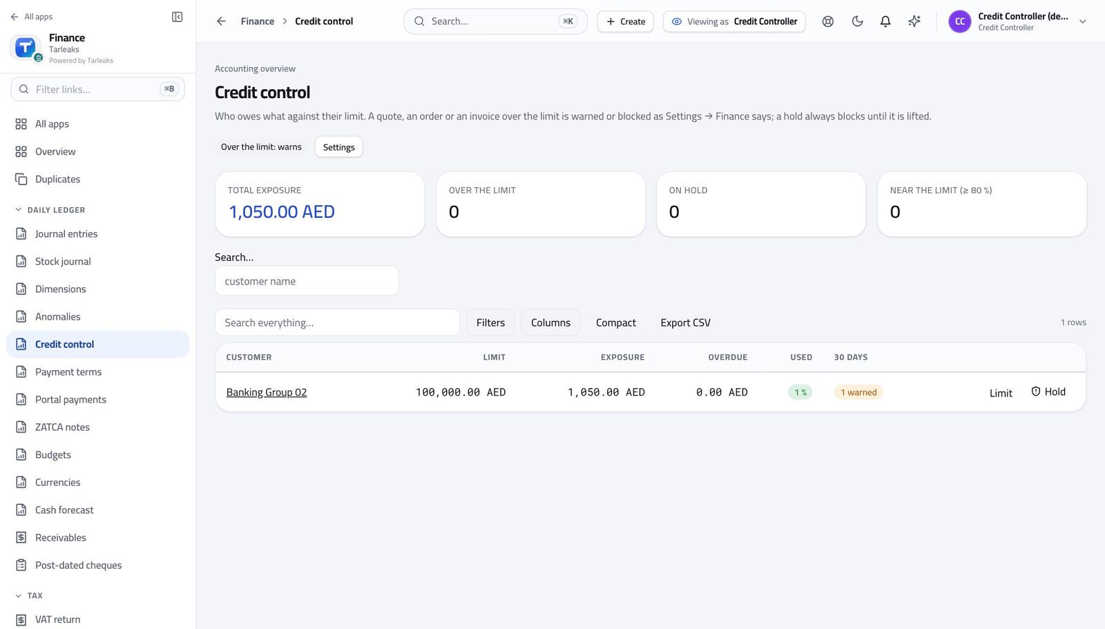 Credit Controller view of see who is over their limit in Tarleaks ERP