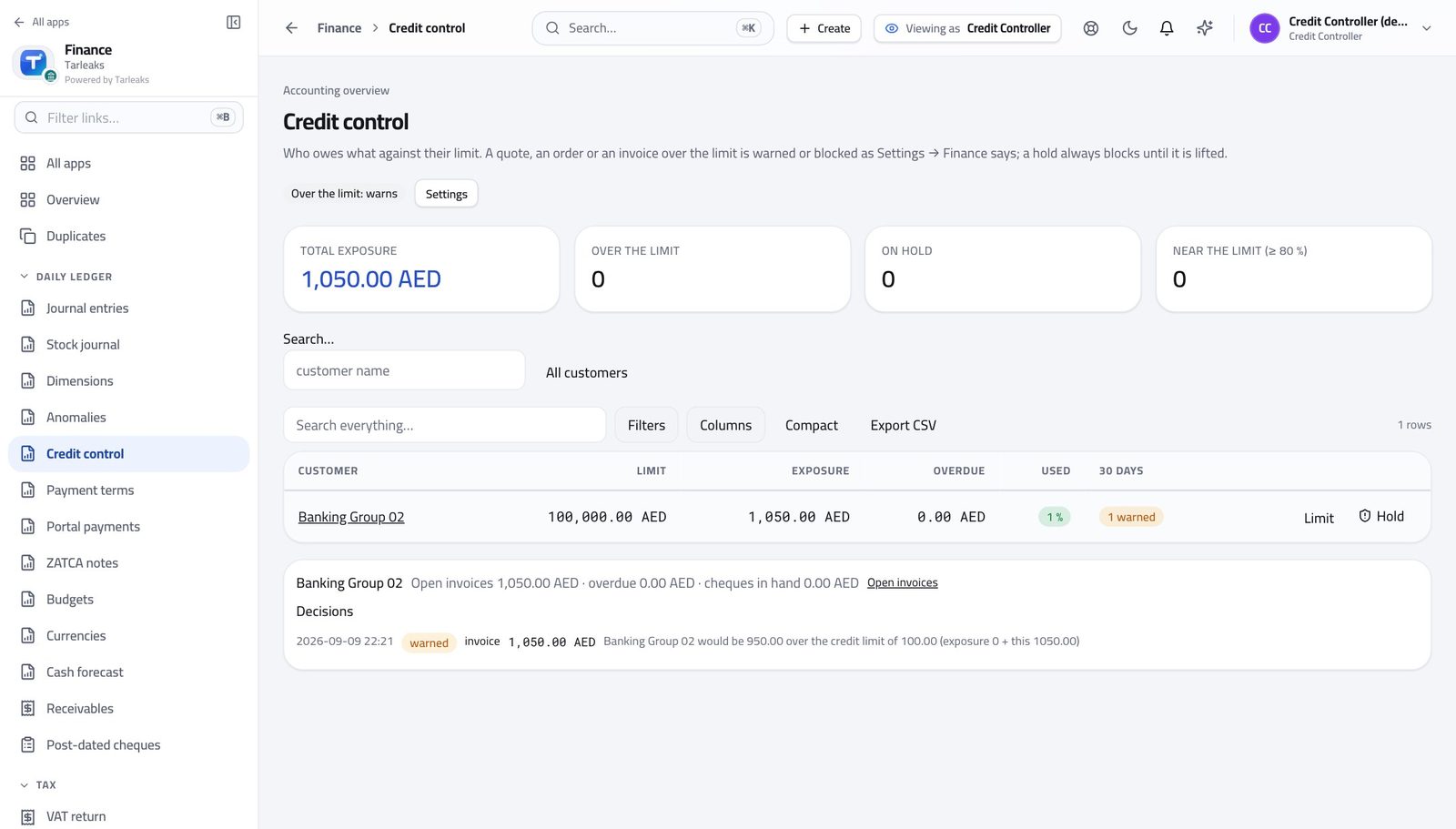Credit Controller view of open a customer's standing in Tarleaks ERP