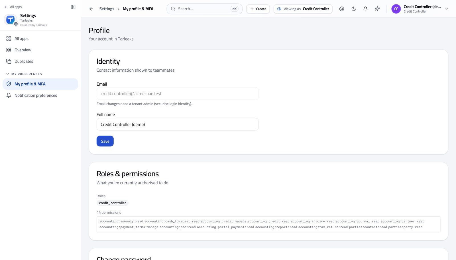 Credit Controller view of check what your sign-in can do in Tarleaks ERP