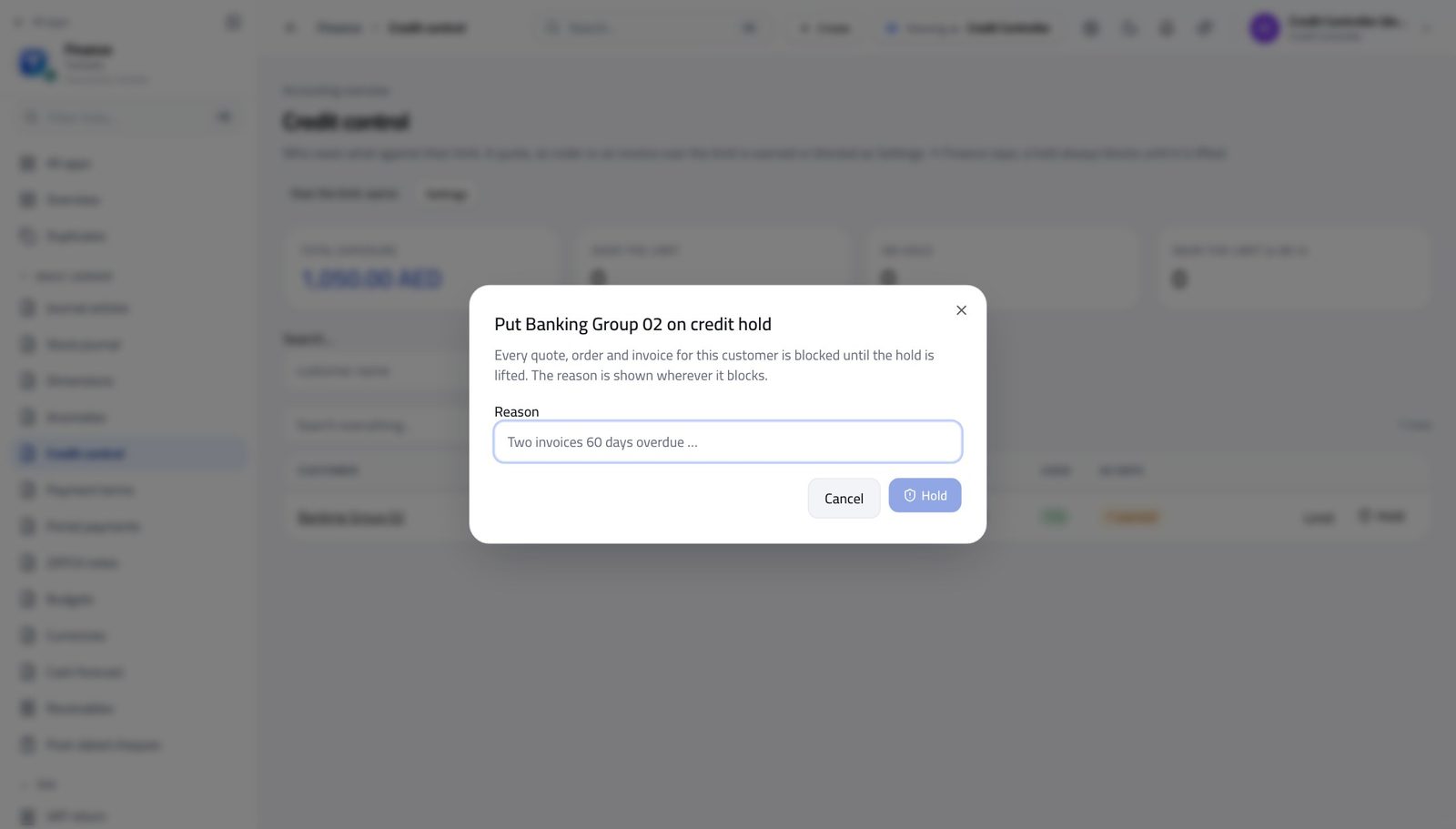 Credit Controller view of put a customer on hold in Tarleaks ERP