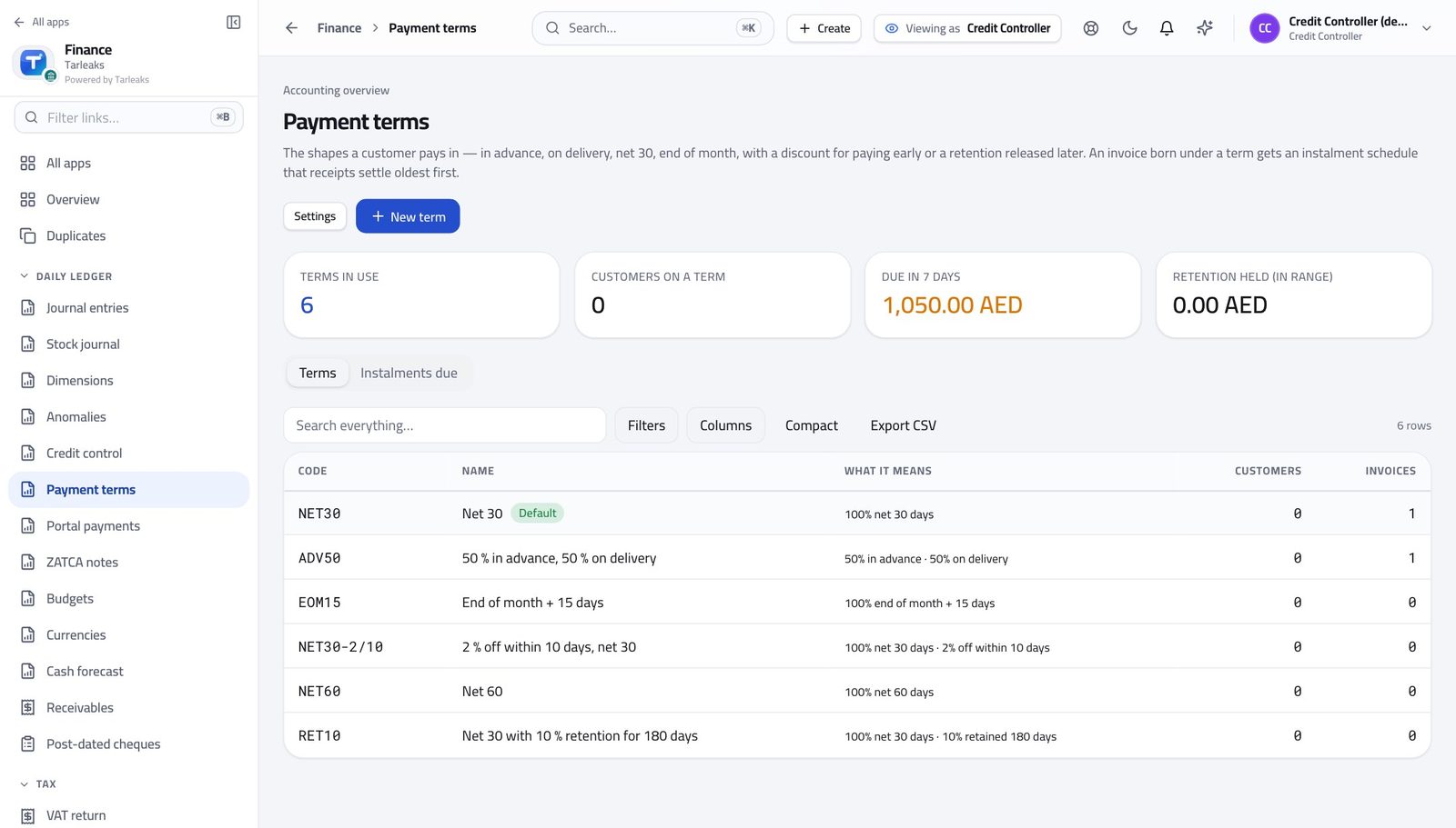 Credit Controller view of read the payment terms in Tarleaks ERP