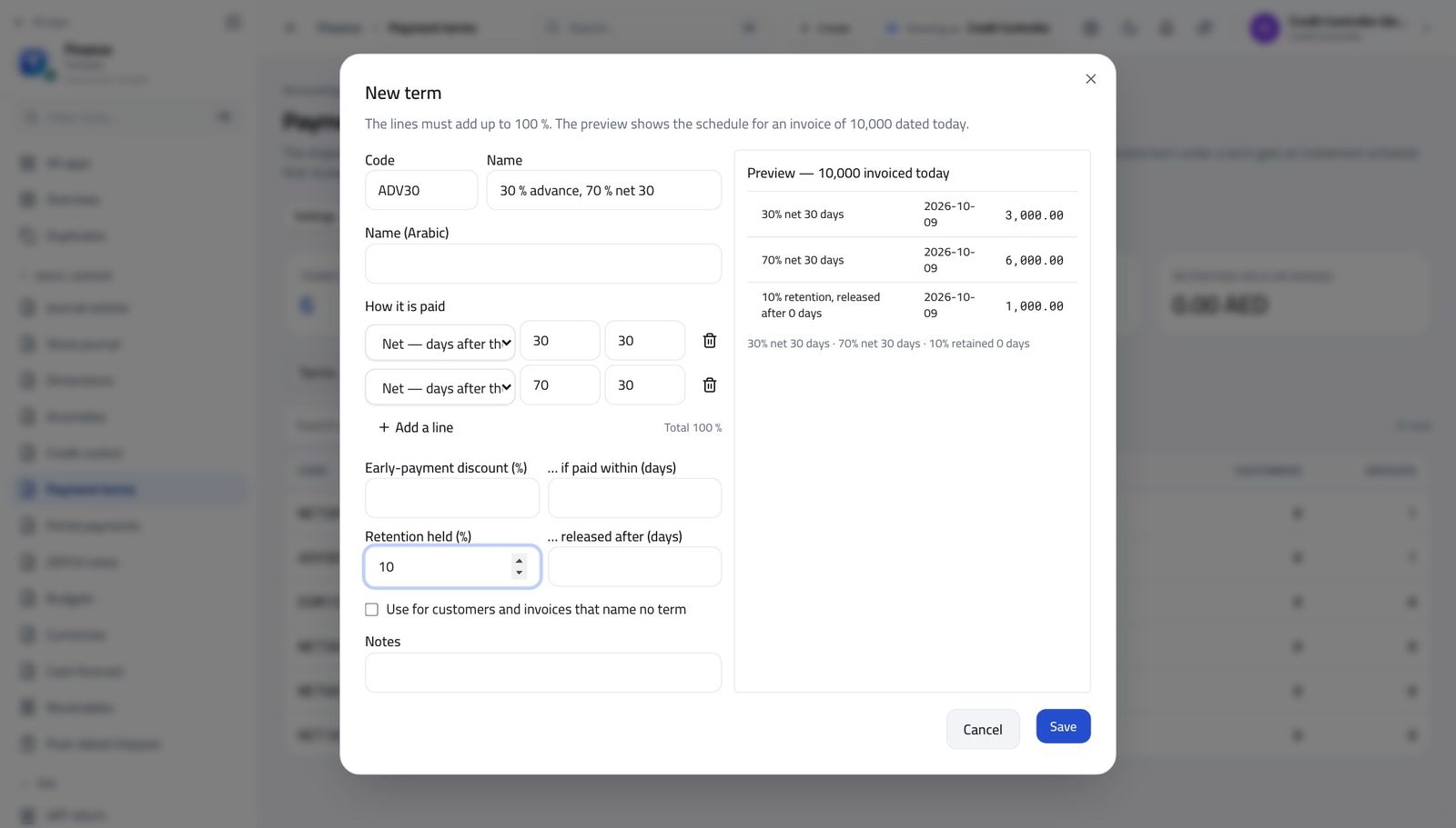 Credit Controller view of design a term and watch the preview in Tarleaks ERP