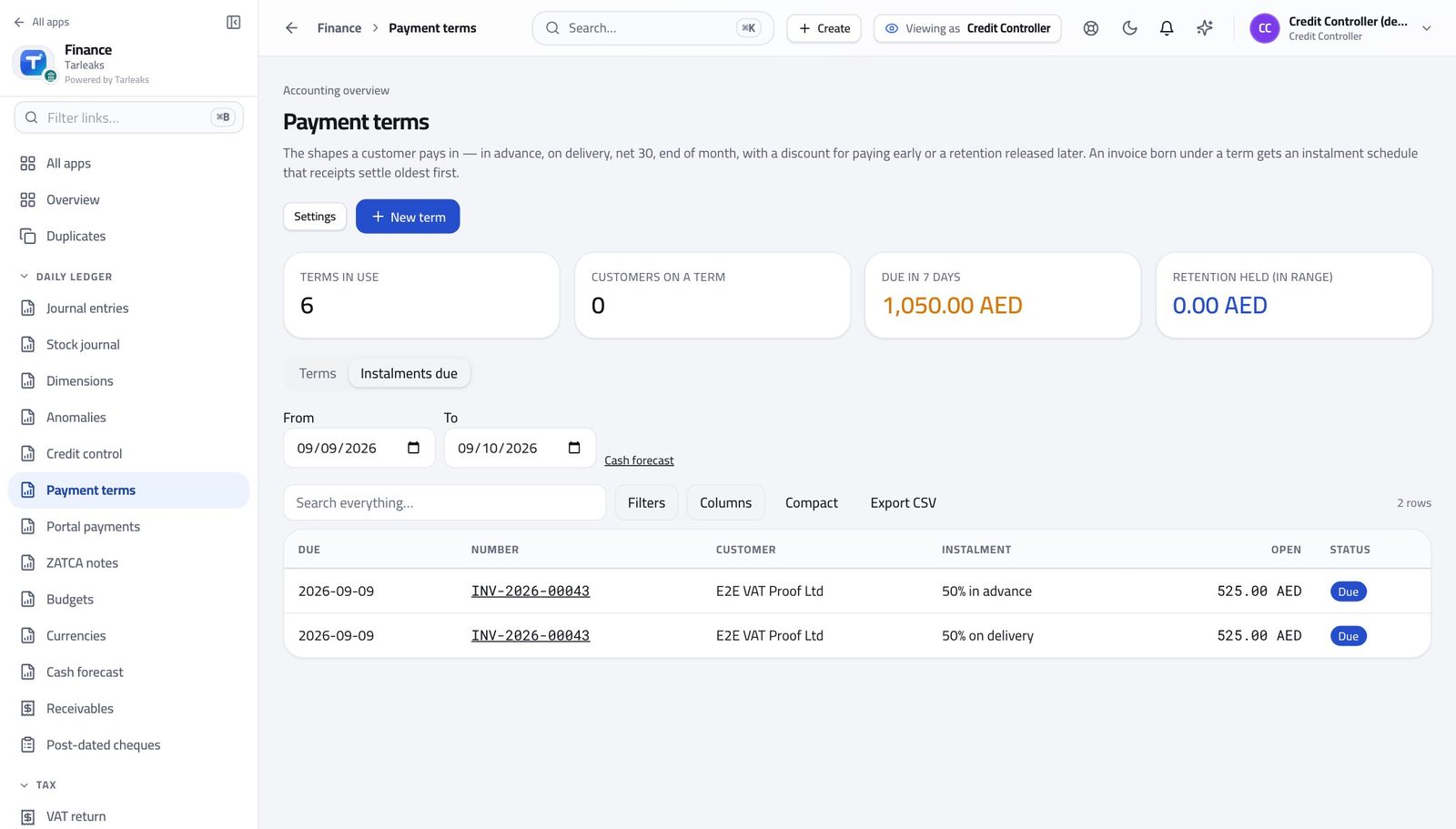 Credit Controller view of see the instalments falling due in Tarleaks ERP
