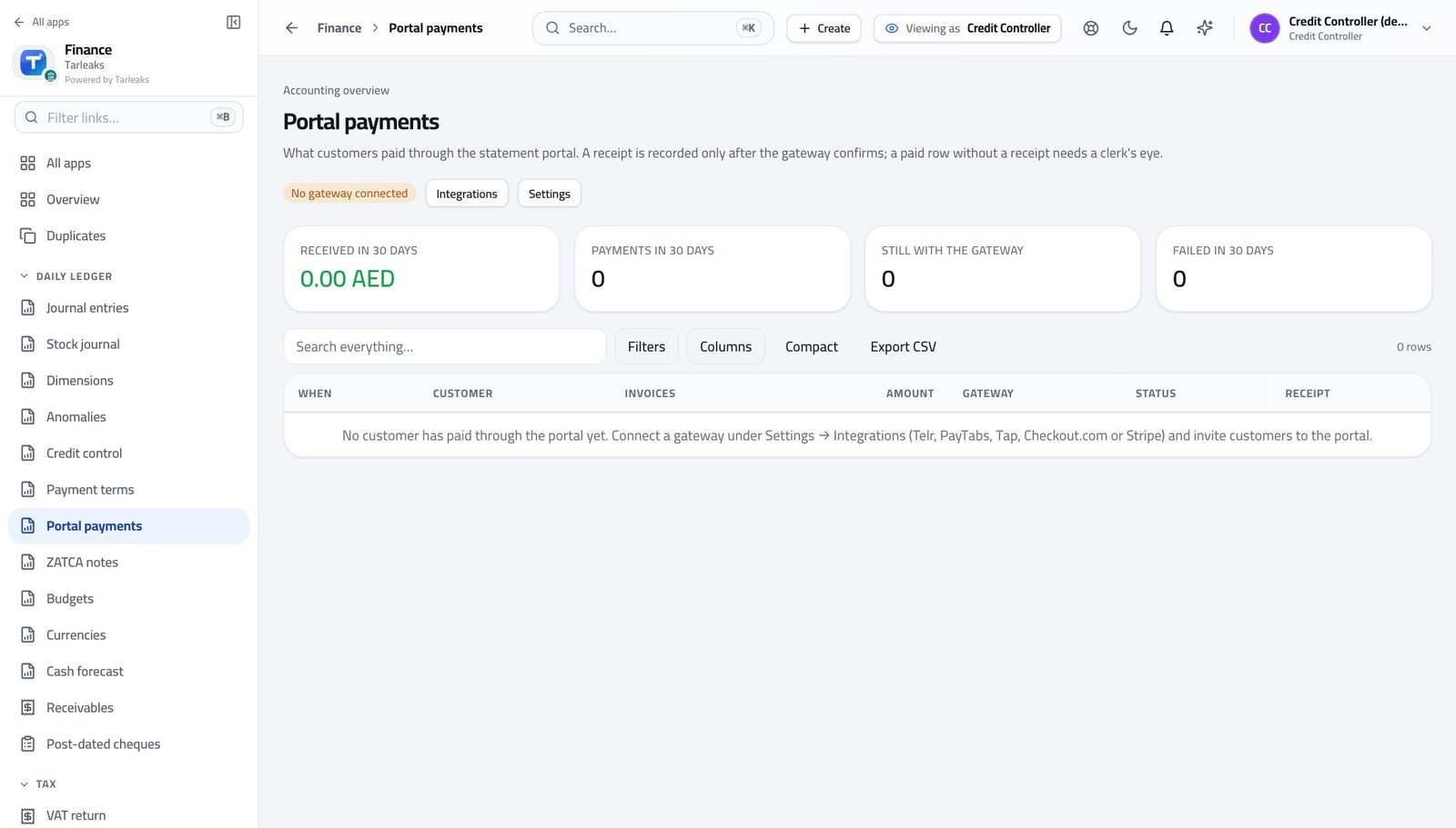 Credit Controller view of see what came in through the portal in Tarleaks ERP