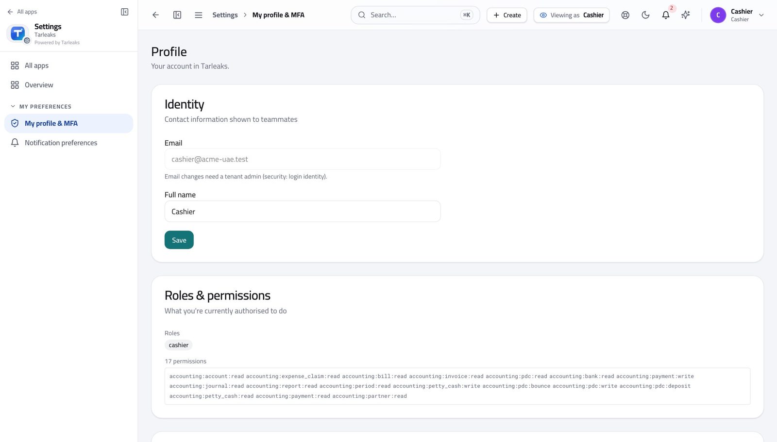 Cashier view of check what your sign-in can do in Tarleaks ERP