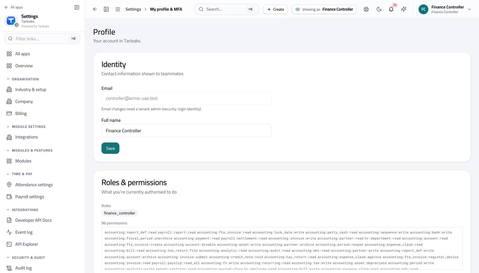 Finance Controller view of check what your sign-in can do in Tarleaks ERP