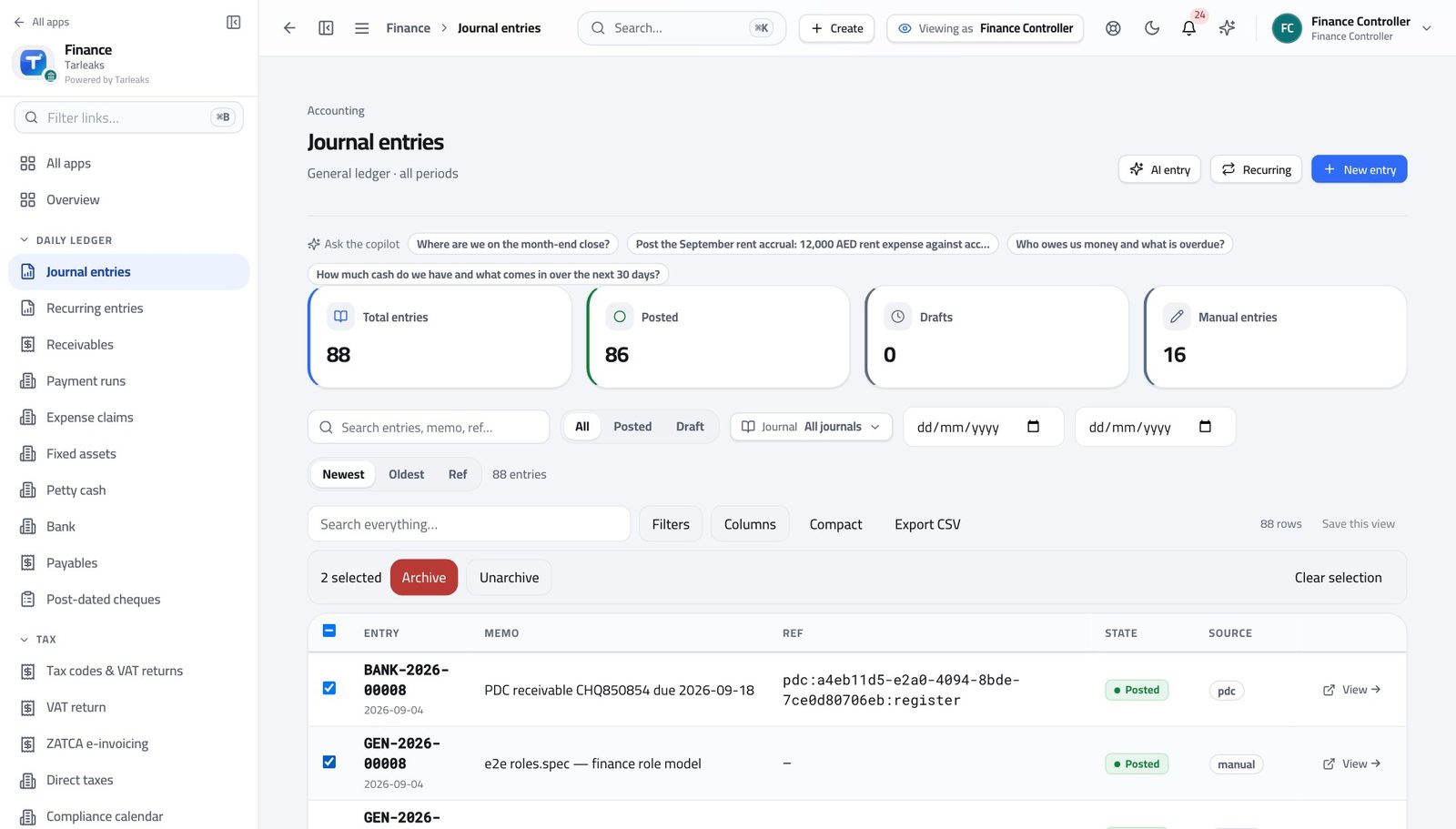 Finance Controller view of clear drafts out of the way in Tarleaks ERP