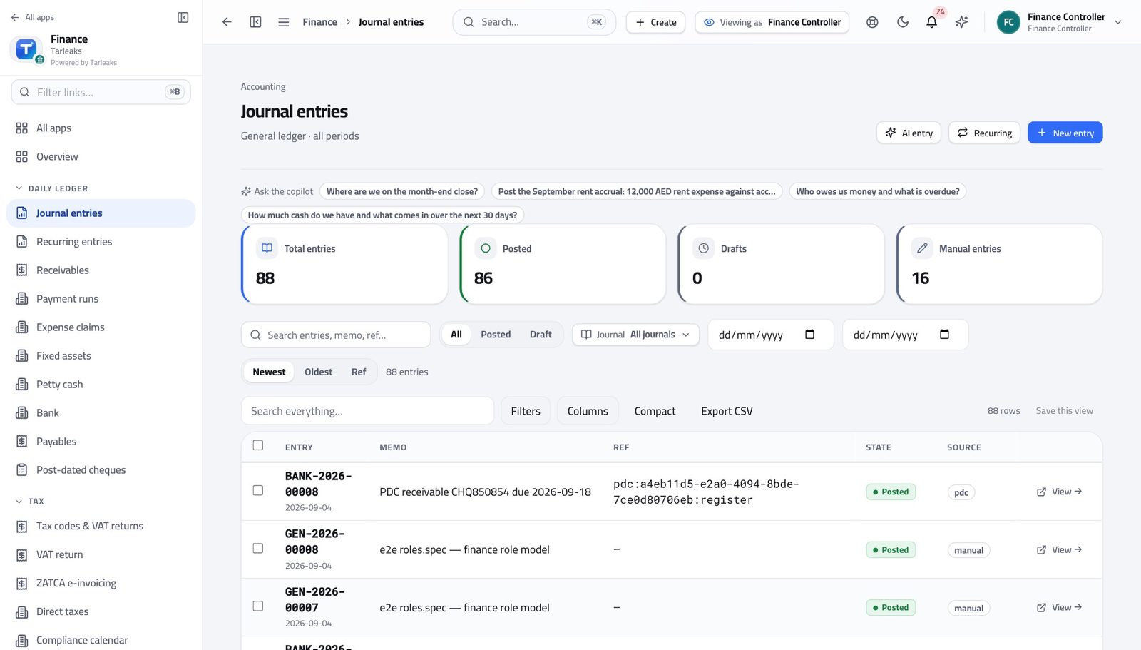 Finance Controller view of spot odd entries before an auditor does in Tarleaks ERP