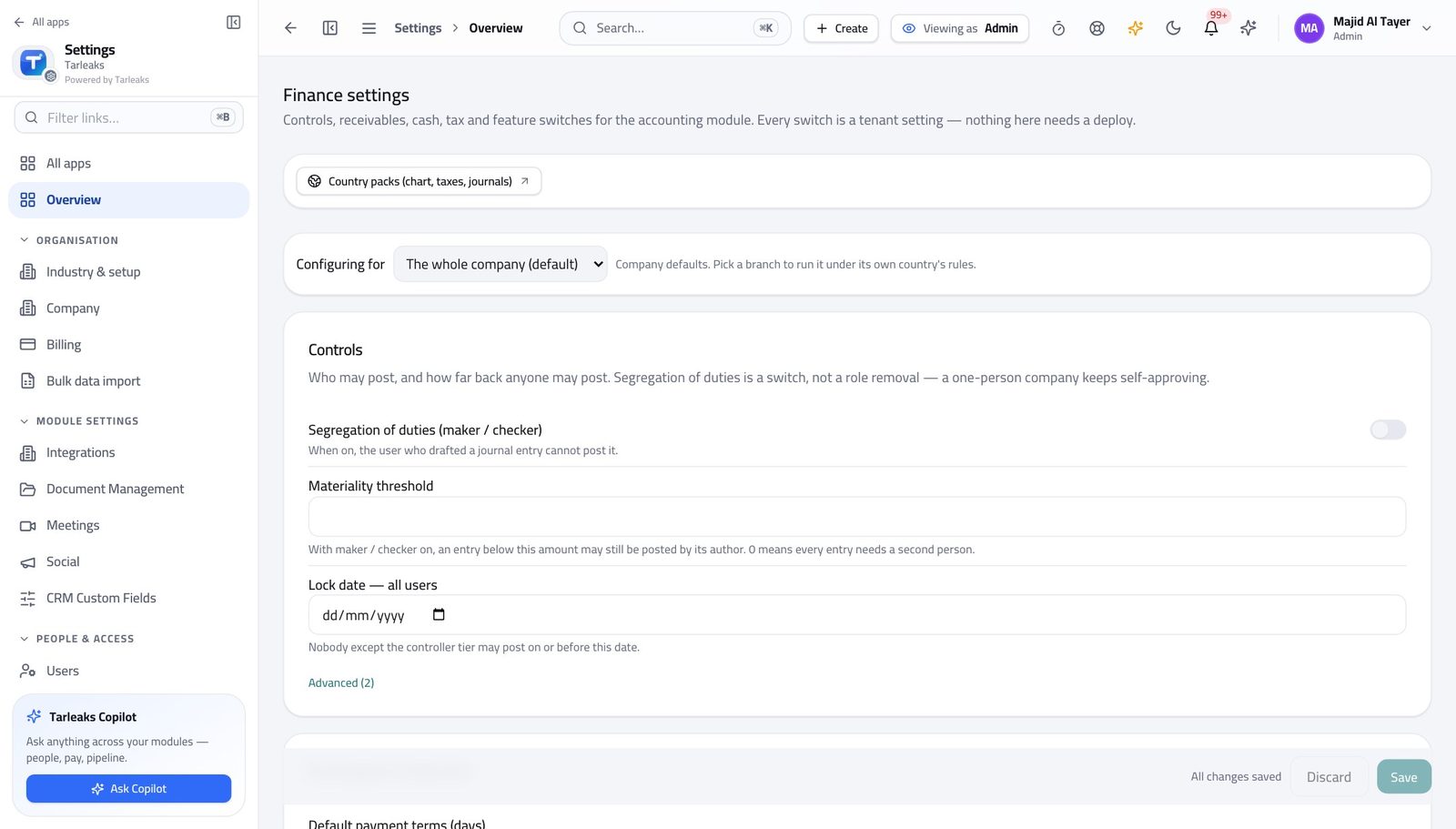 Tenant Administrator view of check the country rulebook in Tarleaks ERP