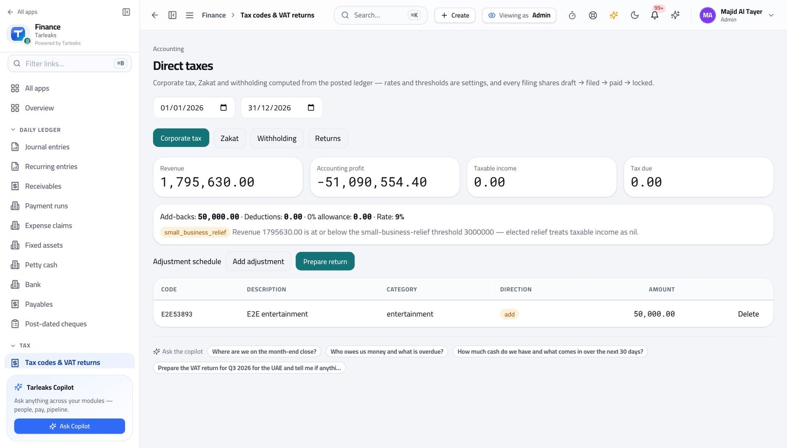 Tenant Administrator view of add or adjust a tax rate in Tarleaks ERP