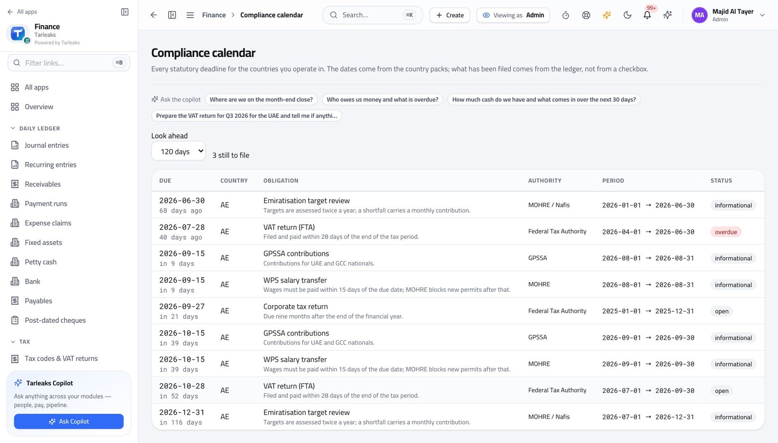 Tenant Administrator view of keep filing dates in view in Tarleaks ERP