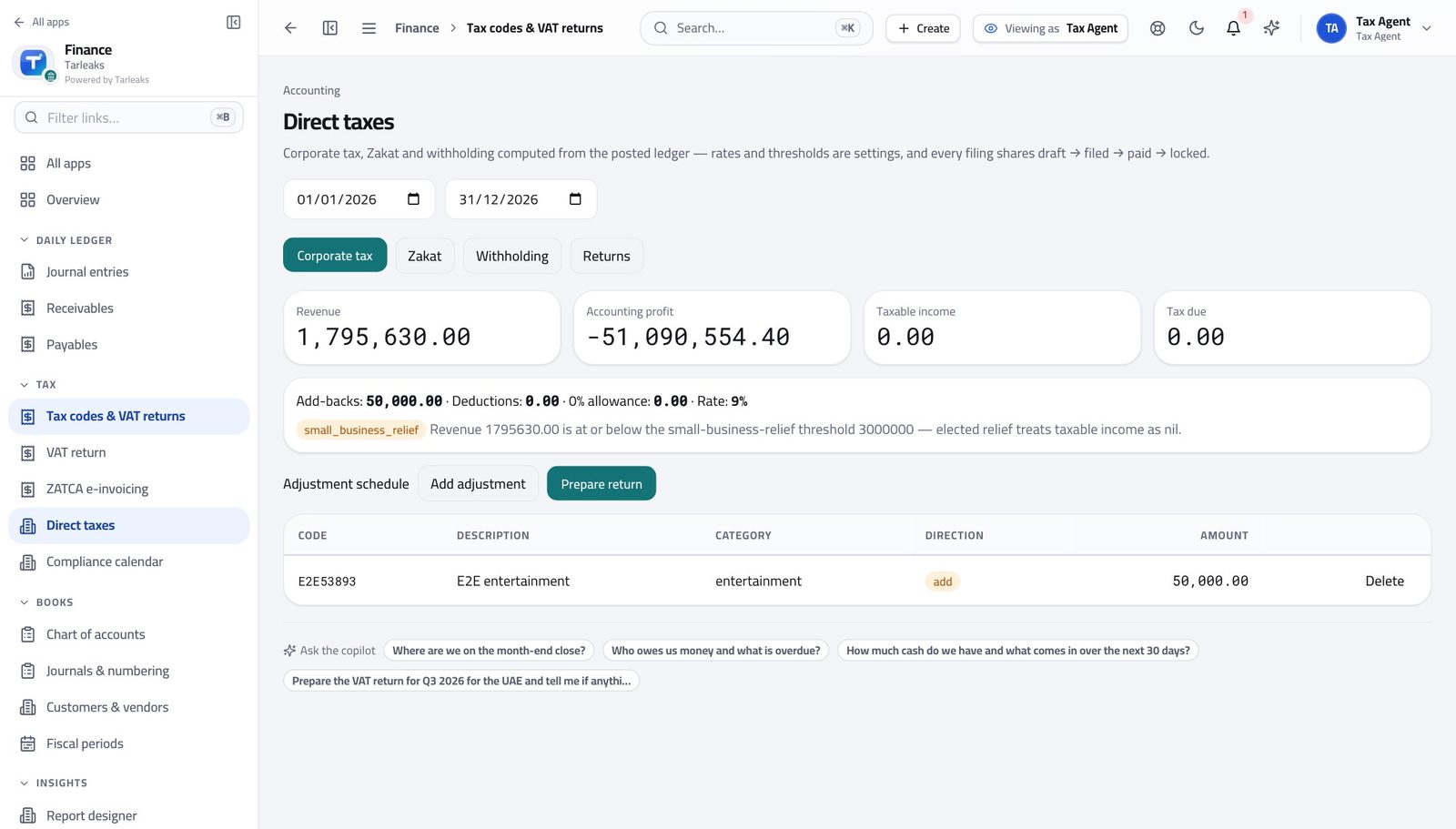 Tax Agent view of check withholding and zakat in Tarleaks ERP