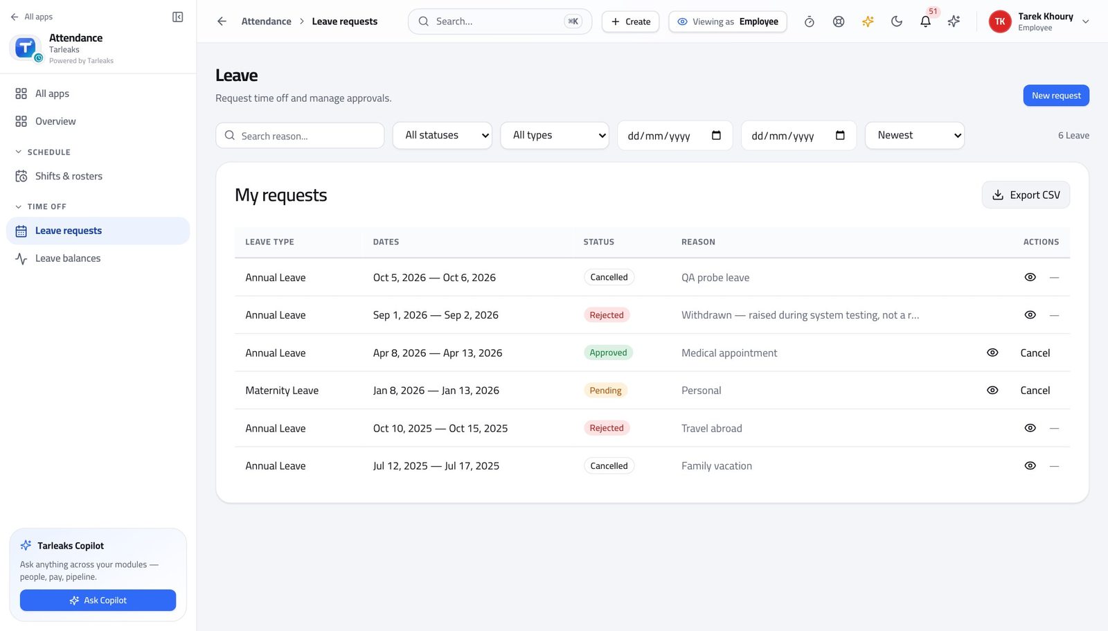 Employee view of see what you have asked for and what it is waiting on in Tarleaks ERP