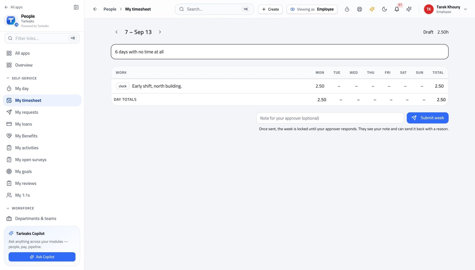 Employee view of send the week for approval in Tarleaks ERP