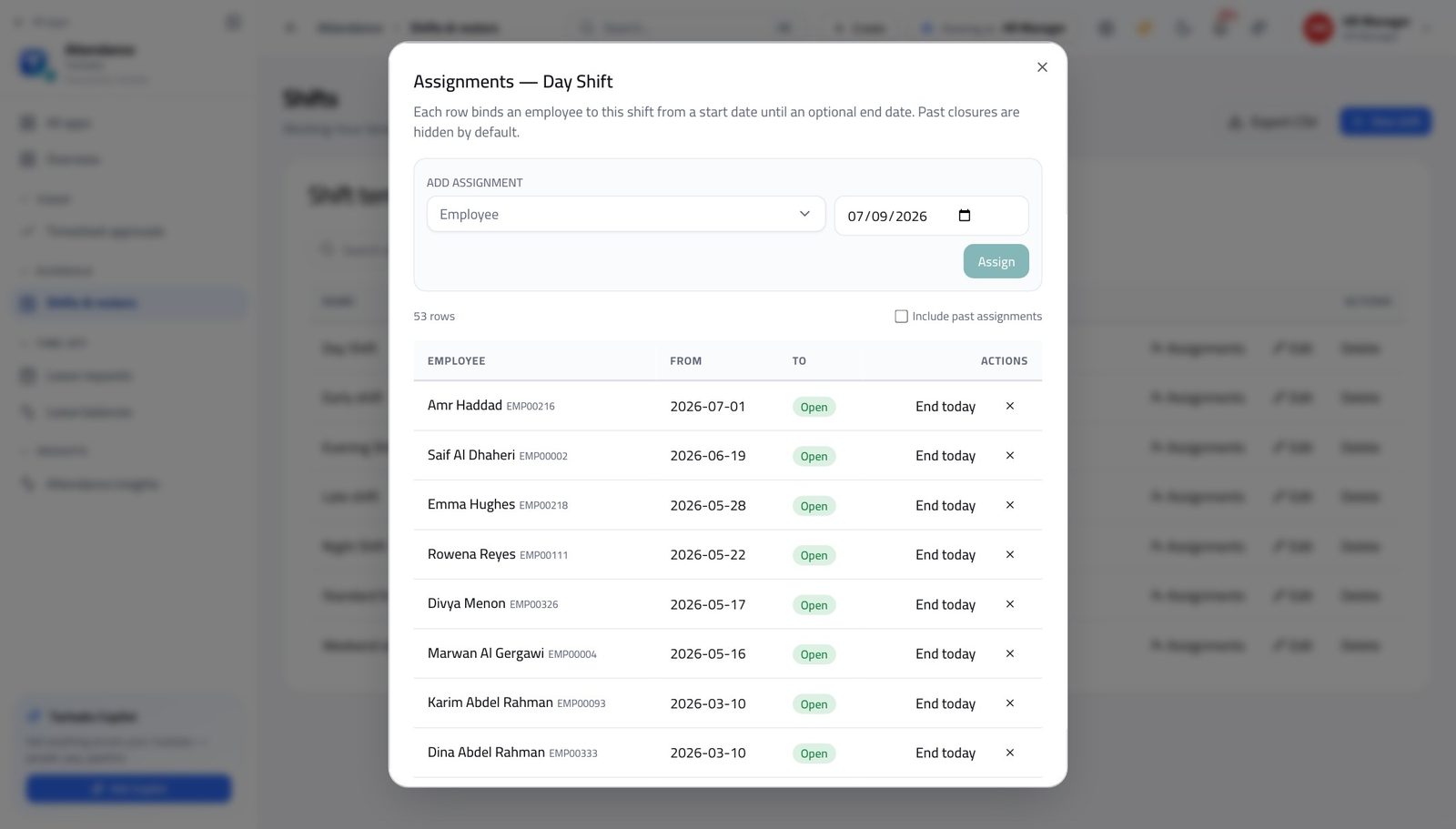 HR Manager view of put people on a shift, from a date in Tarleaks ERP
