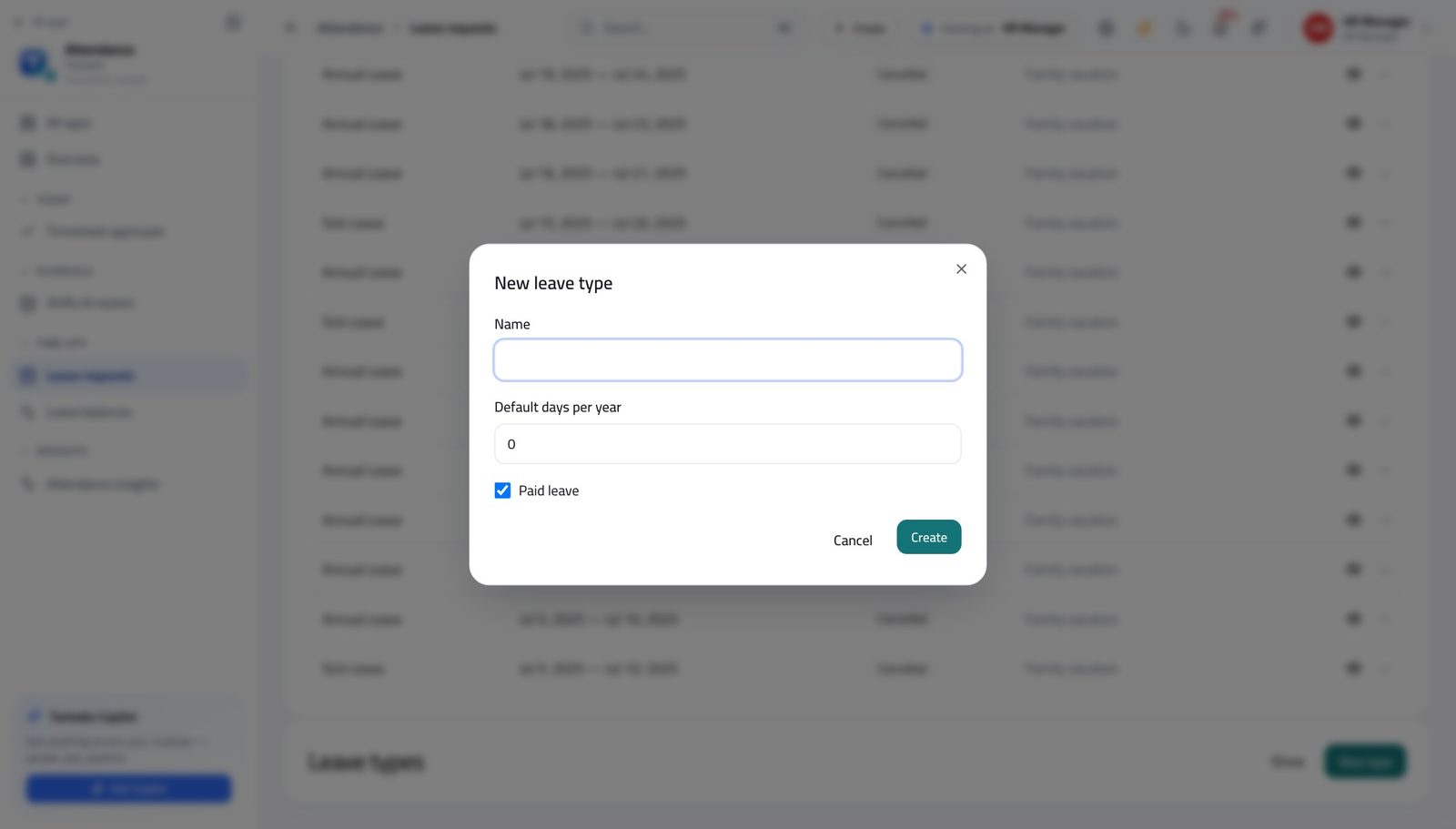 HR Manager view of add a kind of leave in Tarleaks ERP
