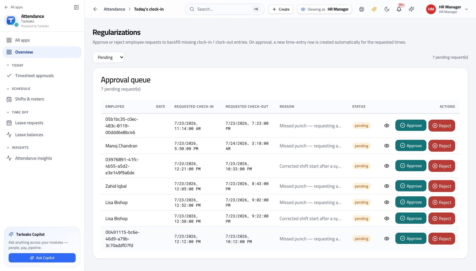 HR Manager view of deal with missed punches in Tarleaks ERP