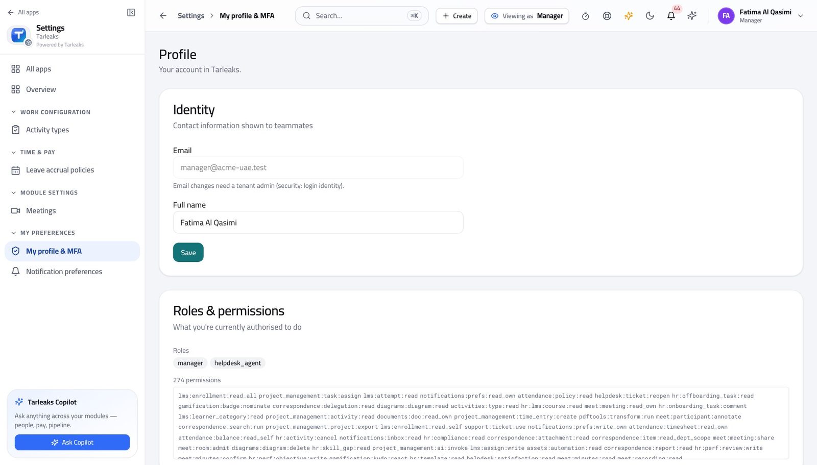 Line Manager view of check what your sign-in can do in Tarleaks ERP