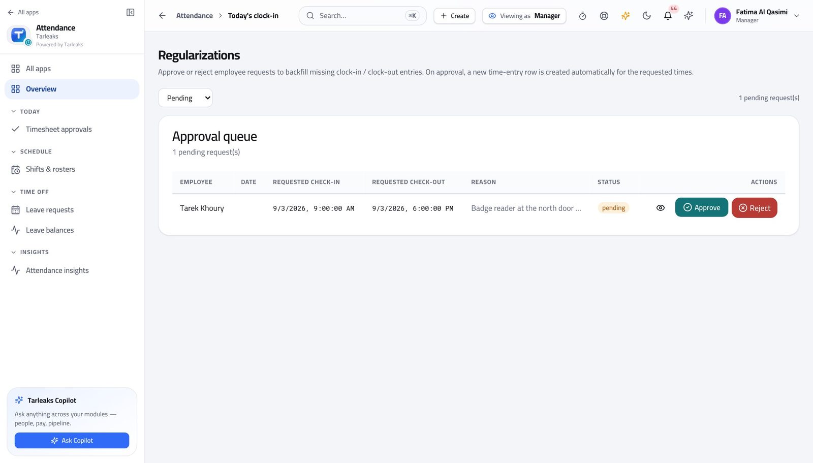 Line Manager view of missed punches are scoped the same way in Tarleaks ERP