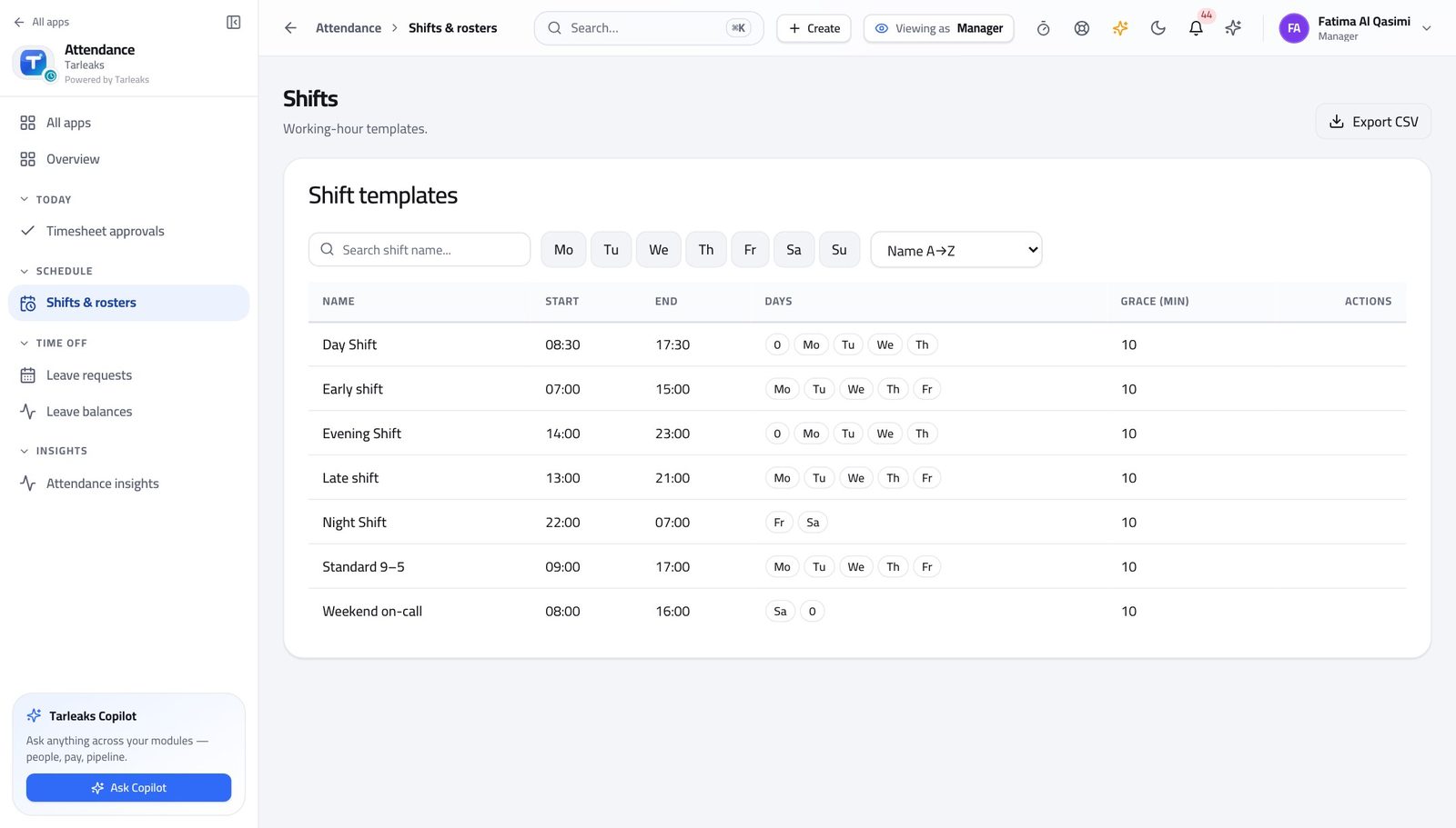 Line Manager view of know which shift your people are on in Tarleaks ERP