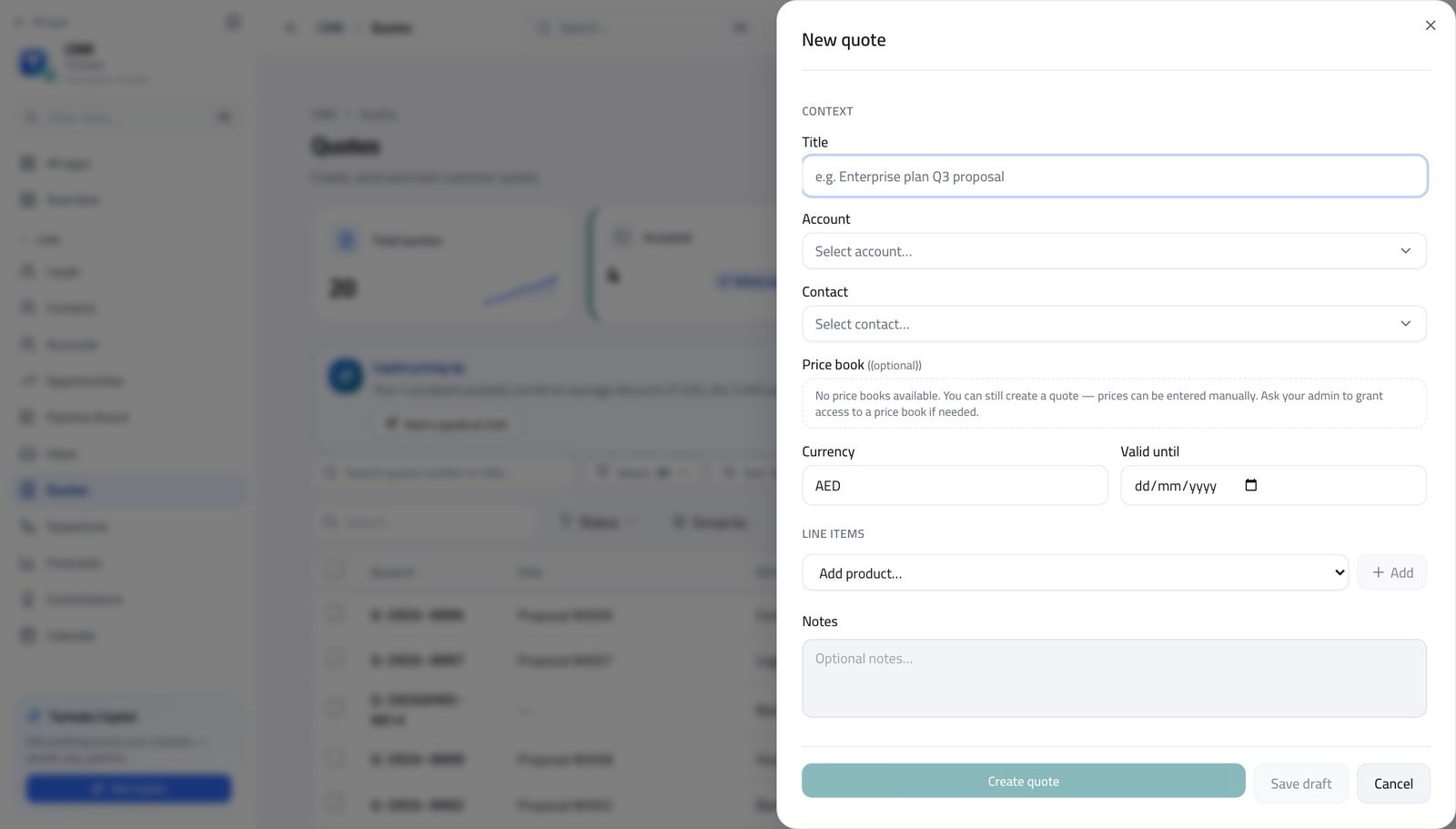 Account Executive view of build a quote in Tarleaks ERP