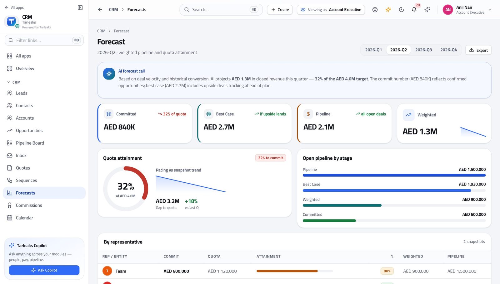 Account Executive view of read the number you are measured on in Tarleaks ERP