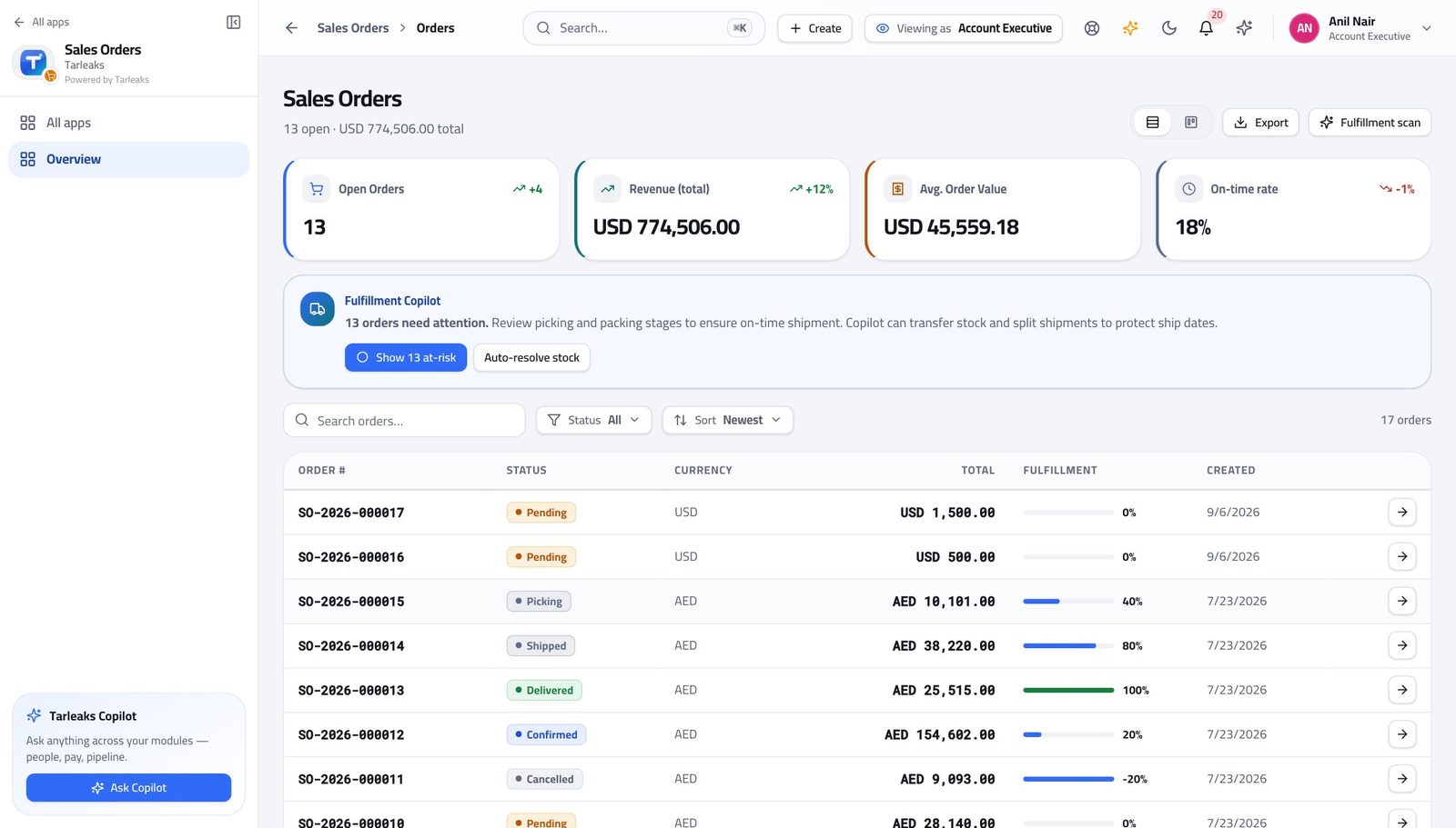 Account Executive doing "The customer accepted — hand it to the order desk" in Tarleaks ERP — Follow the order through to fulfilment in Sales Orders. Once