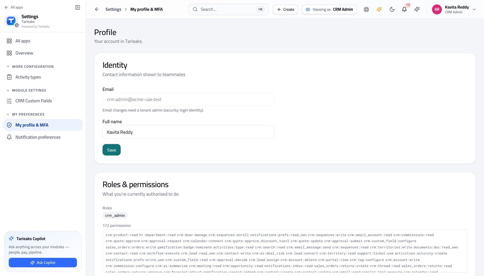 CRM Administrator view of check what your sign-in can do in Tarleaks ERP