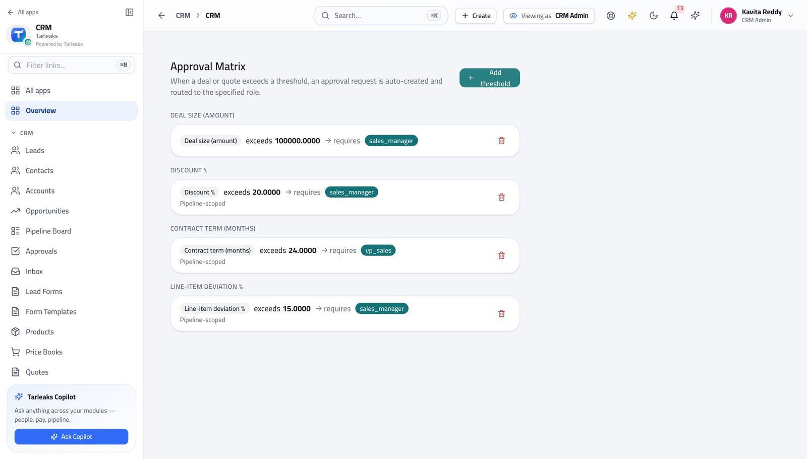 CRM Administrator view of set the discount that needs a signature in Tarleaks ERP