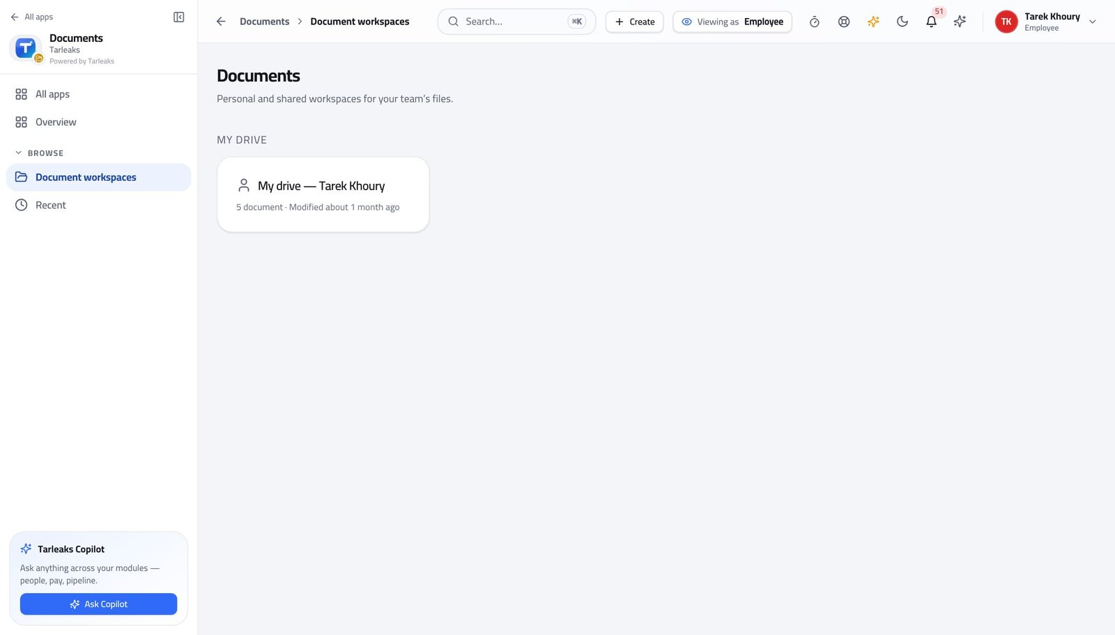 Employee view of open your documents in Tarleaks ERP