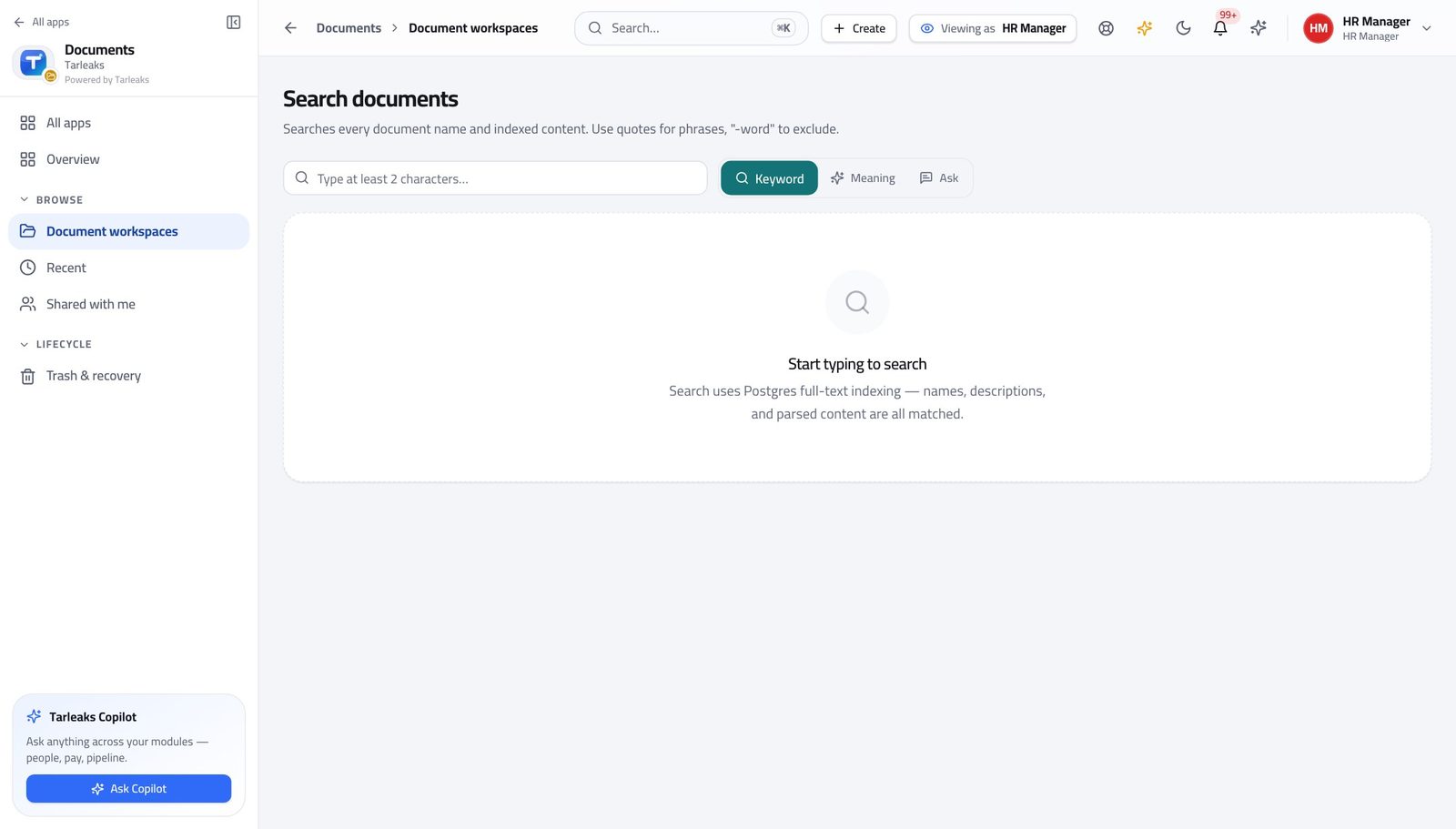 Records Manager view of find a document by what is inside it in Tarleaks ERP
